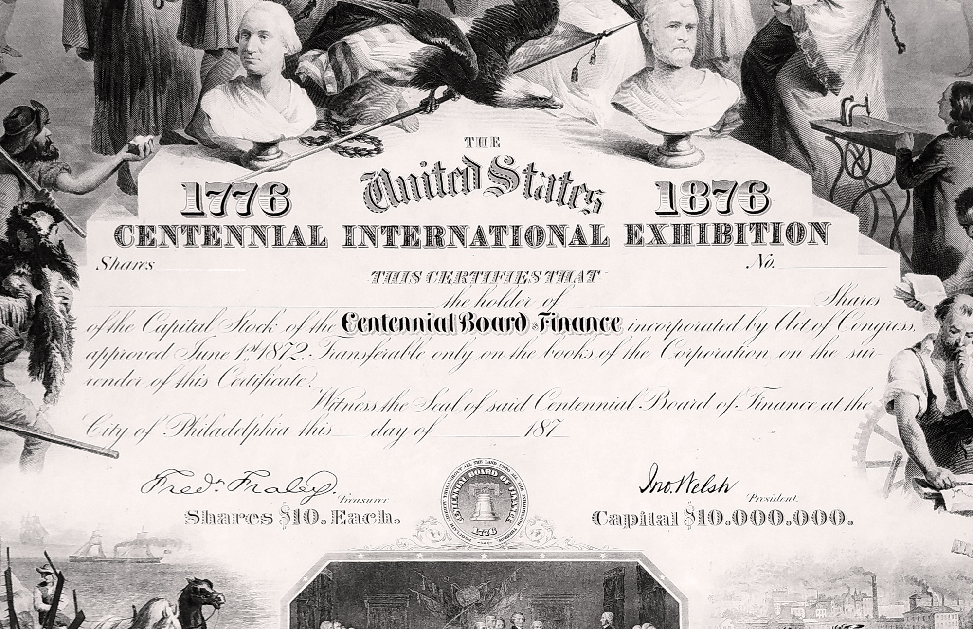 Certifikát akcií – Výstava ke stému výročí ve Filadelfii 1776–1876, původní oceloryt, 1876