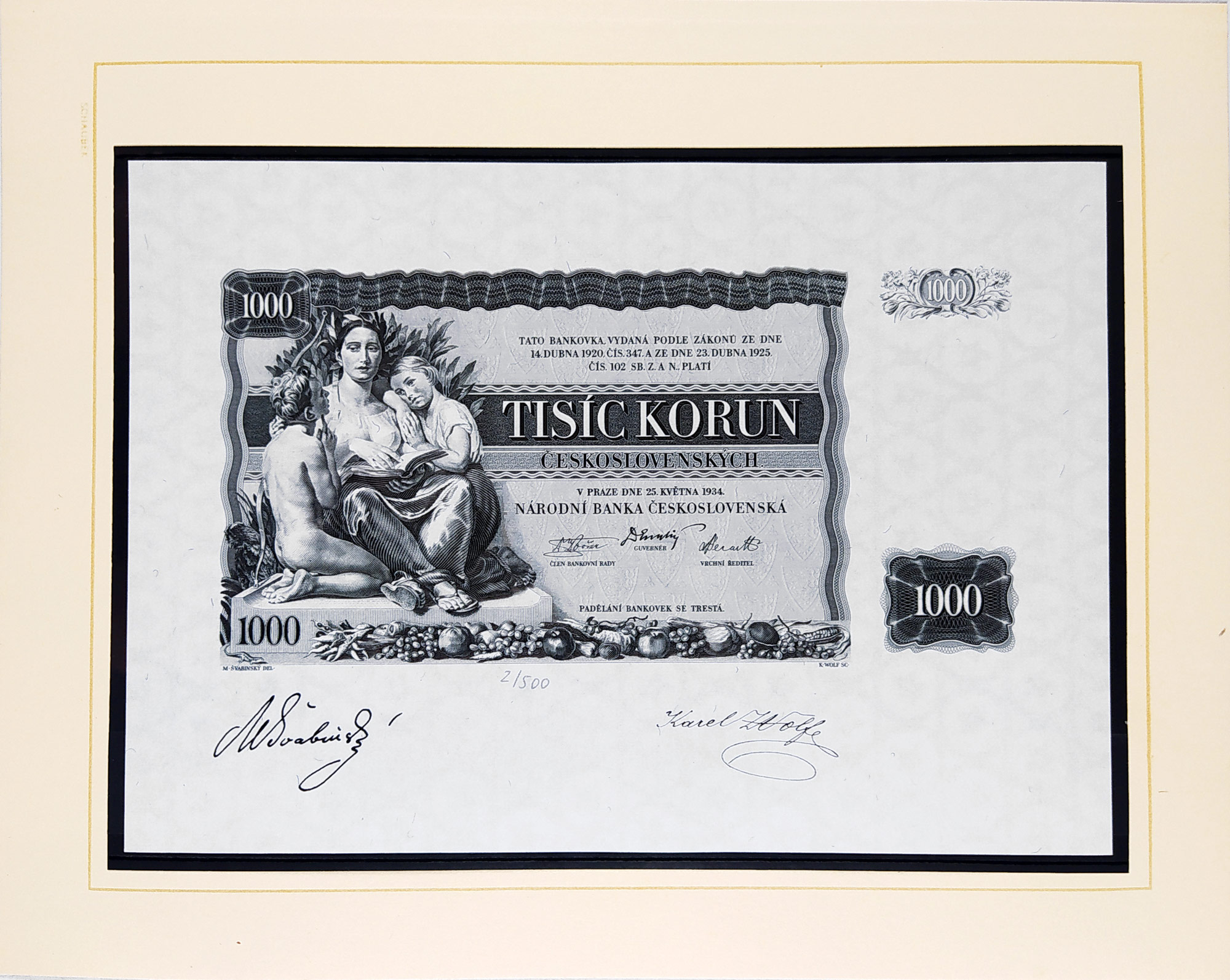 Schirnböck Ferdinand, Švabinský Max – dva návrhy na bankovku 1000 Kčs, 25. 5. 1934, hlubotisk, 1984