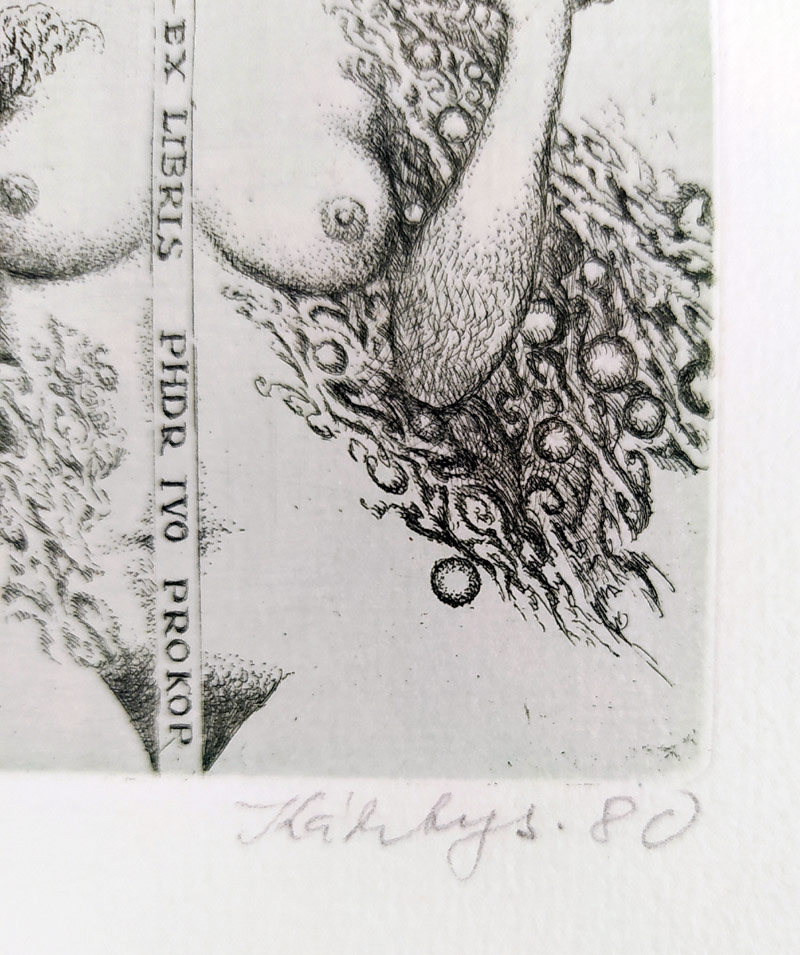 Kábrt Josef – Ex libris PHDr. Ivo Prokop, barevný zrnkový lept, 1980