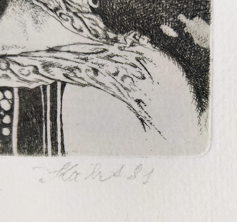 Kábrt Josef – Dívka s šátkem, zrnkový lept s barevným podtiskem, 1981