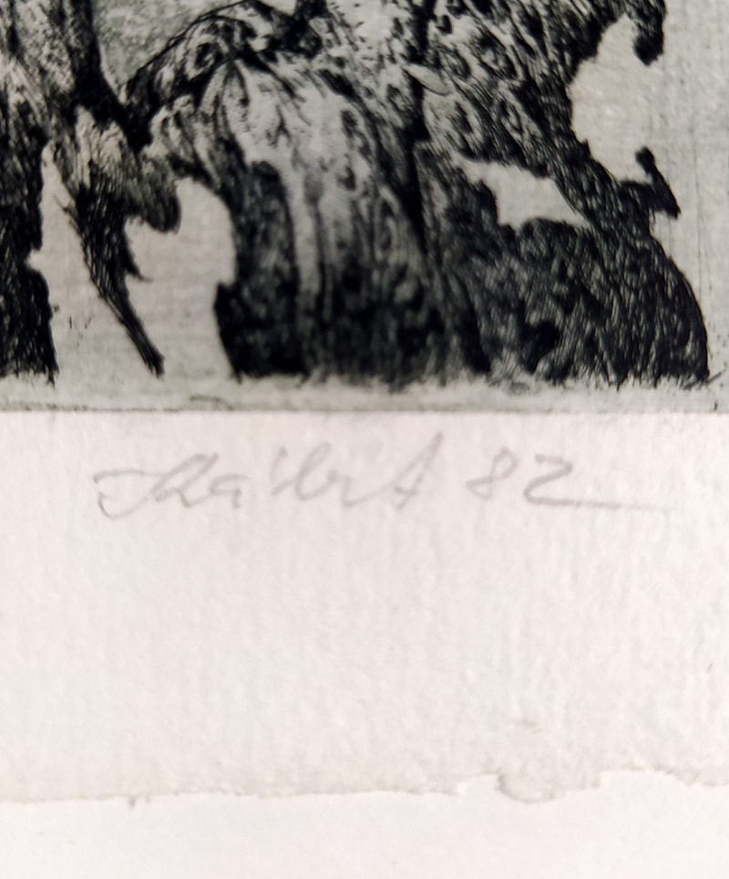 Kábrt Josef – Ex libris Majka R., zrnkový lept s barevným podtiskem, 1982