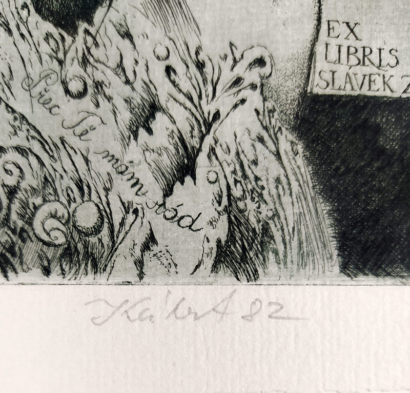 Kábrt Josef – Ex libris Slávek Z., zrnkový lept s barevným podtiskem, 1982
