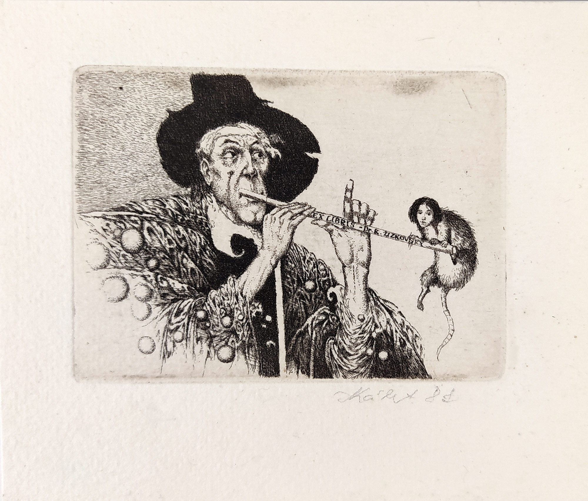 Kábrt Josef – Krysař, Ex libris V. N., PF 1984, tři zrnkové lepty s barevným podtiskem, ca 1983