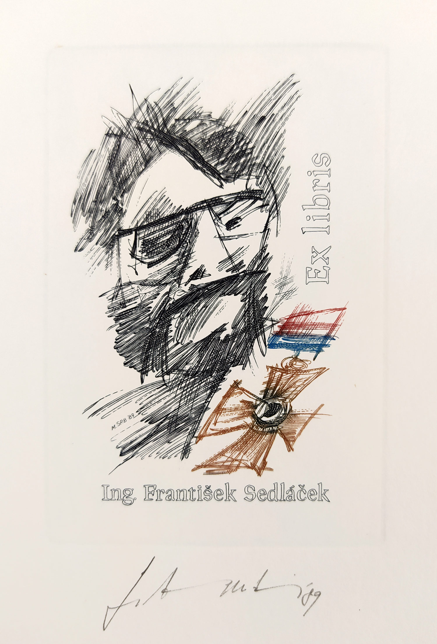 Srb Martin – dvě Ex libris Ing. František Sedláček, původní oceloryty, 1989