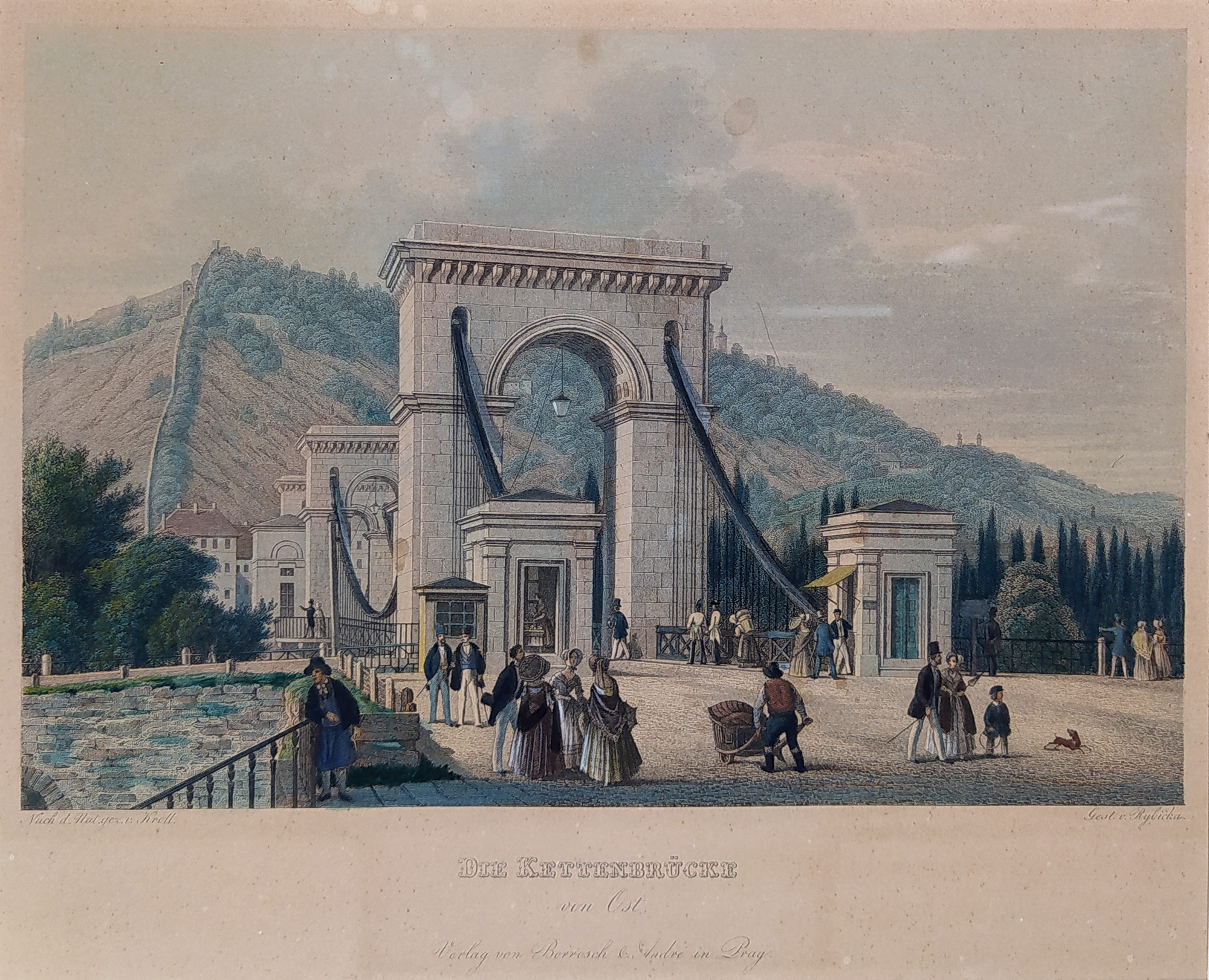 Praha – Most císaře Františka I., staře kolorovaný předleptaný oceloryt, ca 1845