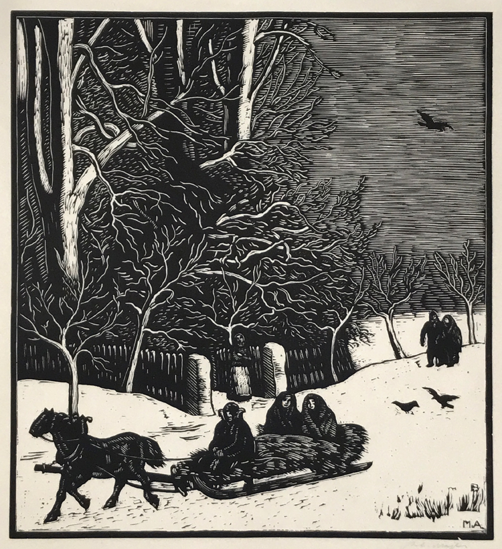 Majer Antonín – Zima, původní dřevoryt na ručním papíře Holland Pannekoek, ca 1930