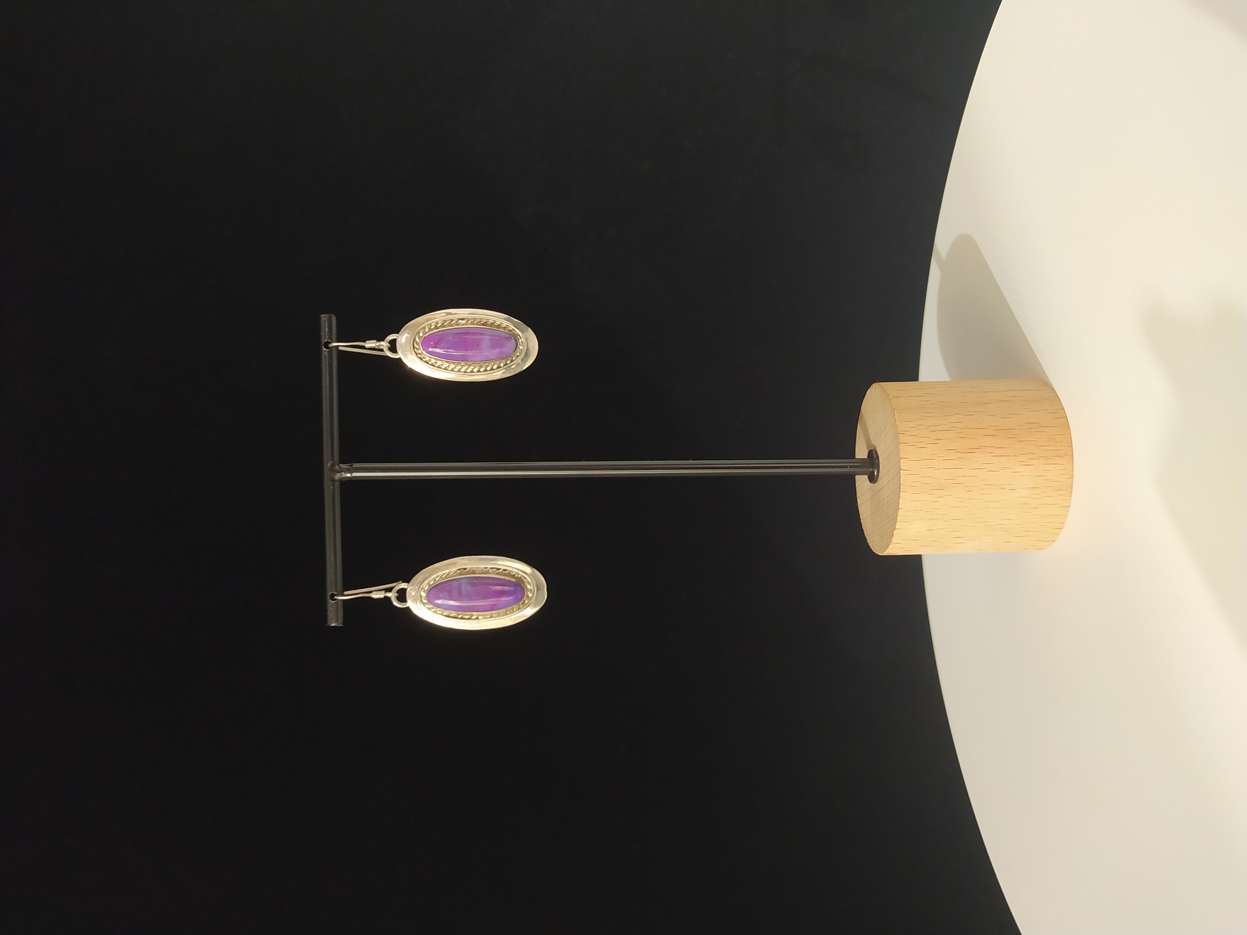 Visací náušnice ze sterlingového stříbra s fialovými kameny, Taxco, Mexiko