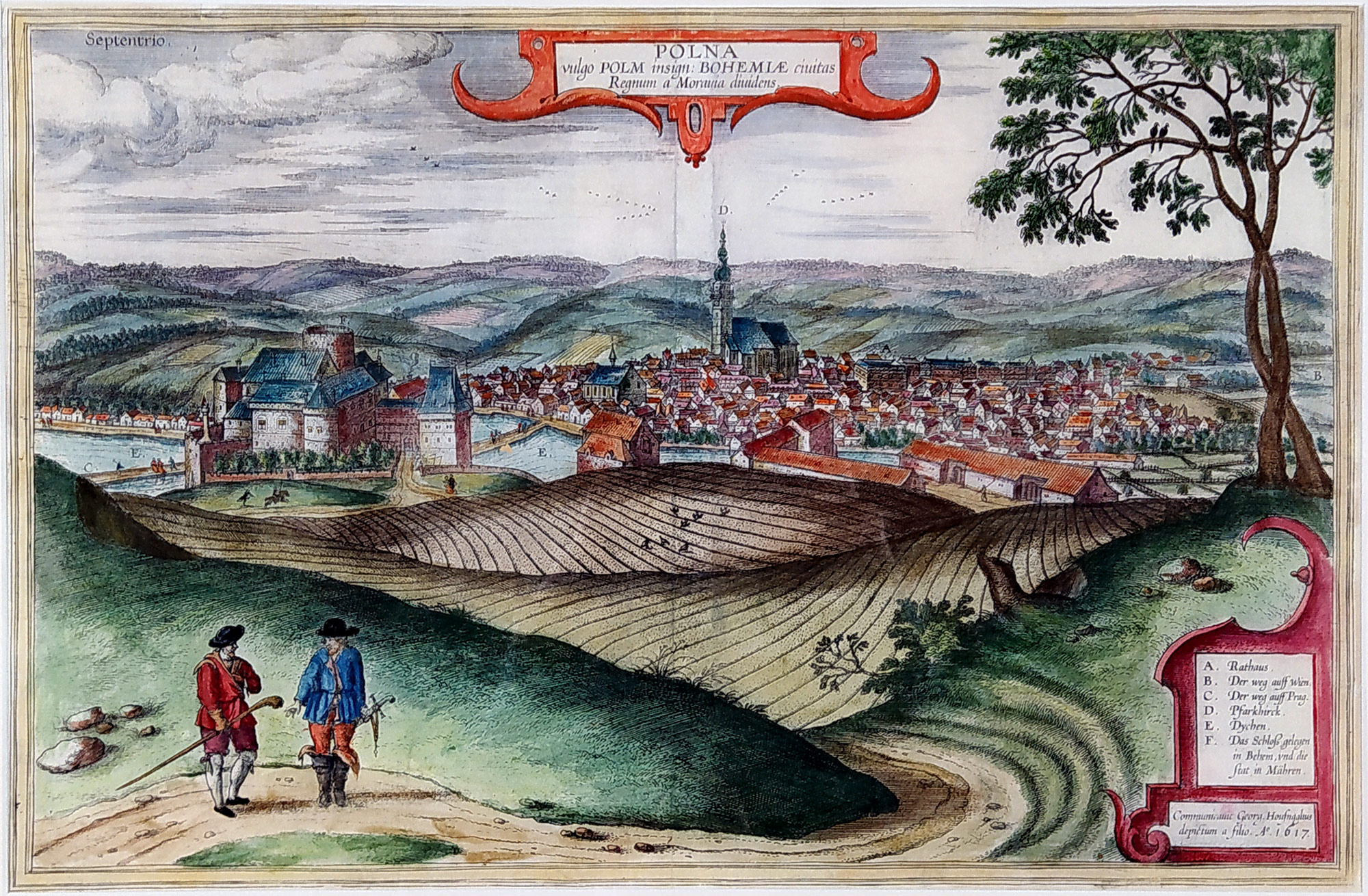 Polná – Georg Braun, Franz Hogenberg, Hufnagel G., původní staře kolorovaný mědiryt, veduta, 1617