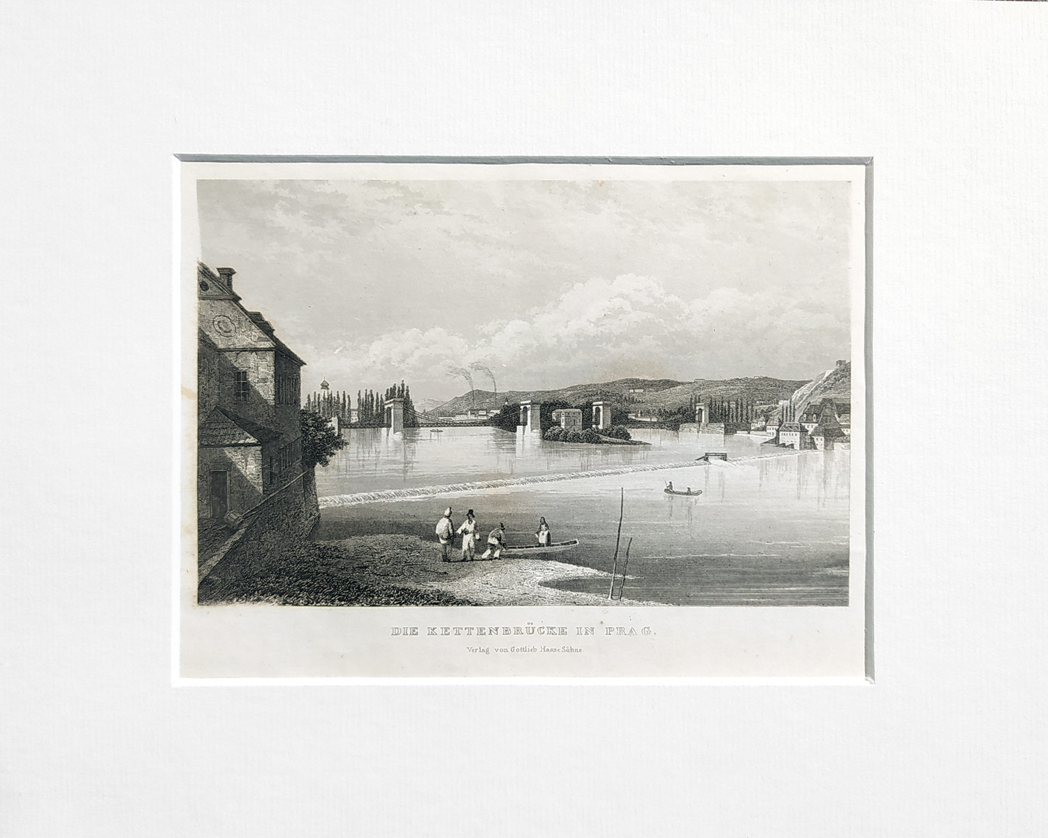 Praha – Řetězový most císaře Františka, původní oceloryt, pražská veduta, 1836