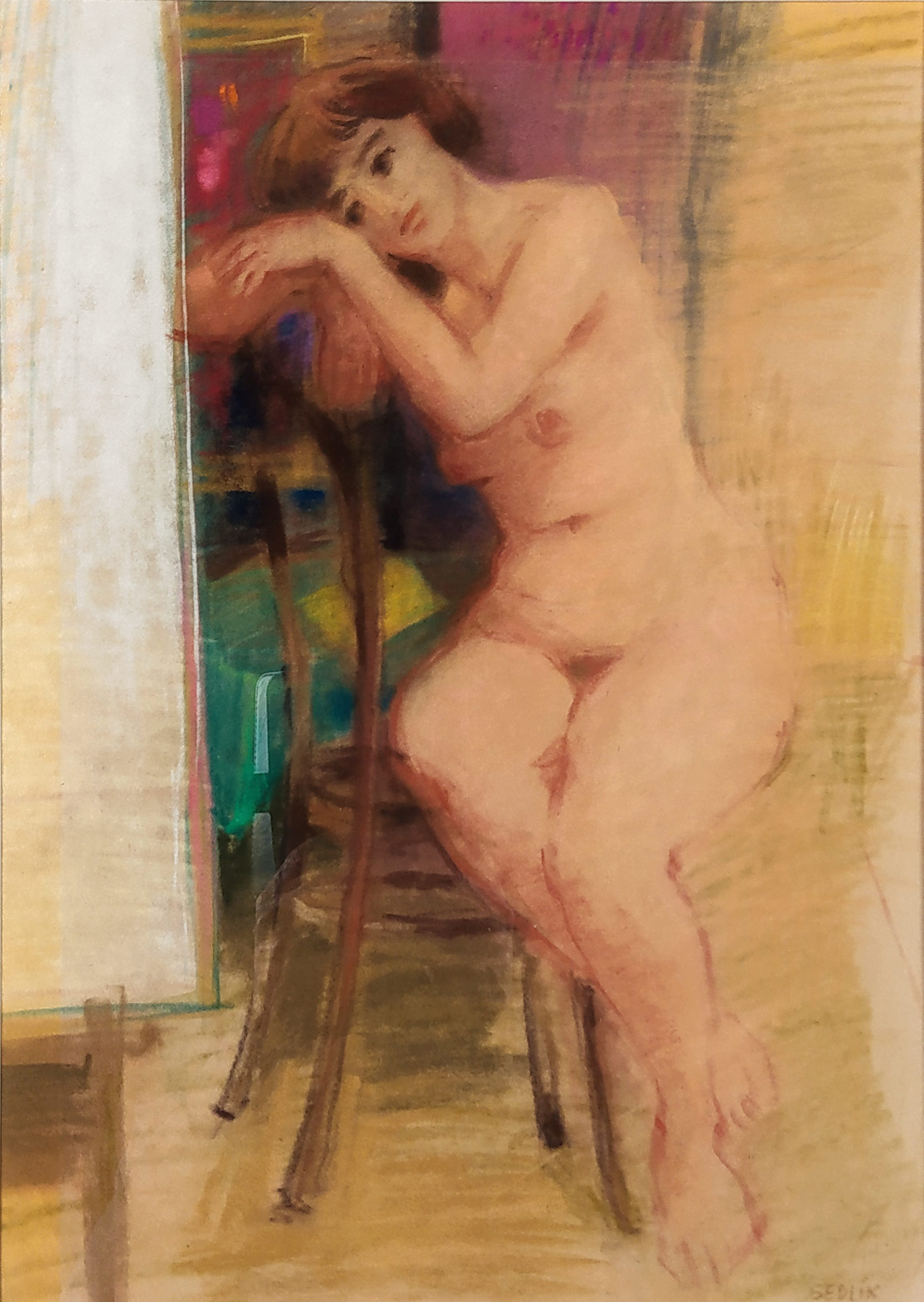 Sedlík Petr – Zasněná, malba suchým pastelem na sametu, ca 80. léta