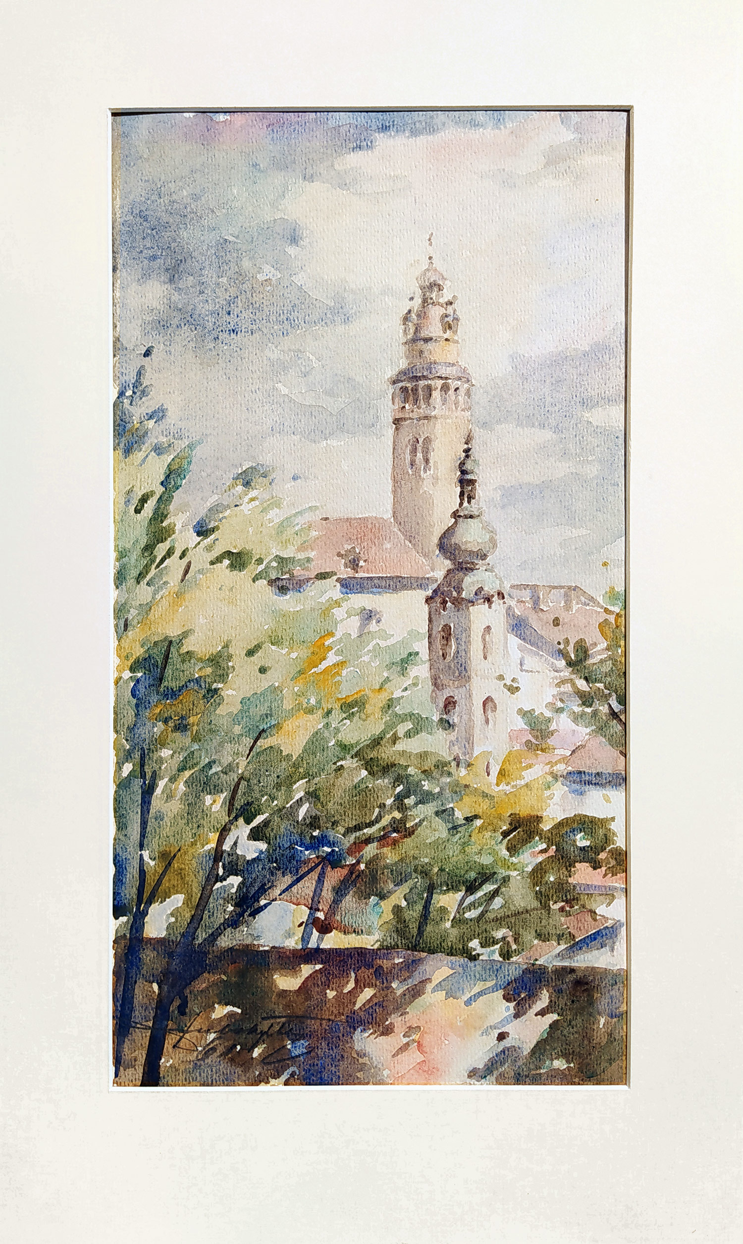 Dubský Vladimír – Zámek Český Krumlov, v popředí kostel sv. Jošta, malba akvarelem, 1961
