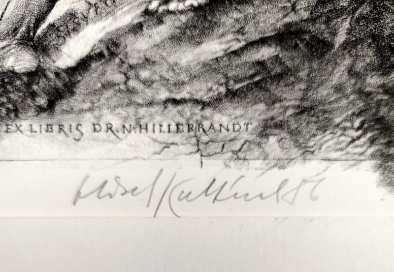 Kulhánek Oldřich – Ex libris Dr. N. Hilierrandt, litografie s barevným podtiskem, 1986