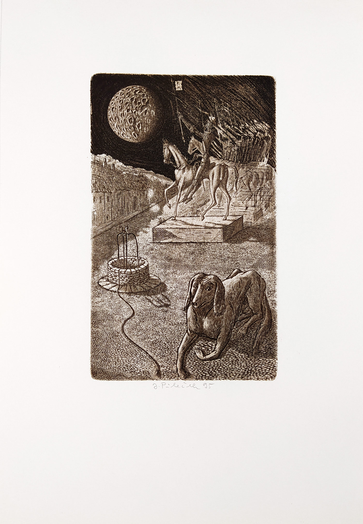 Pileček Jindřich – Don Quijote, původní lept s barevným podtiskem, 1995