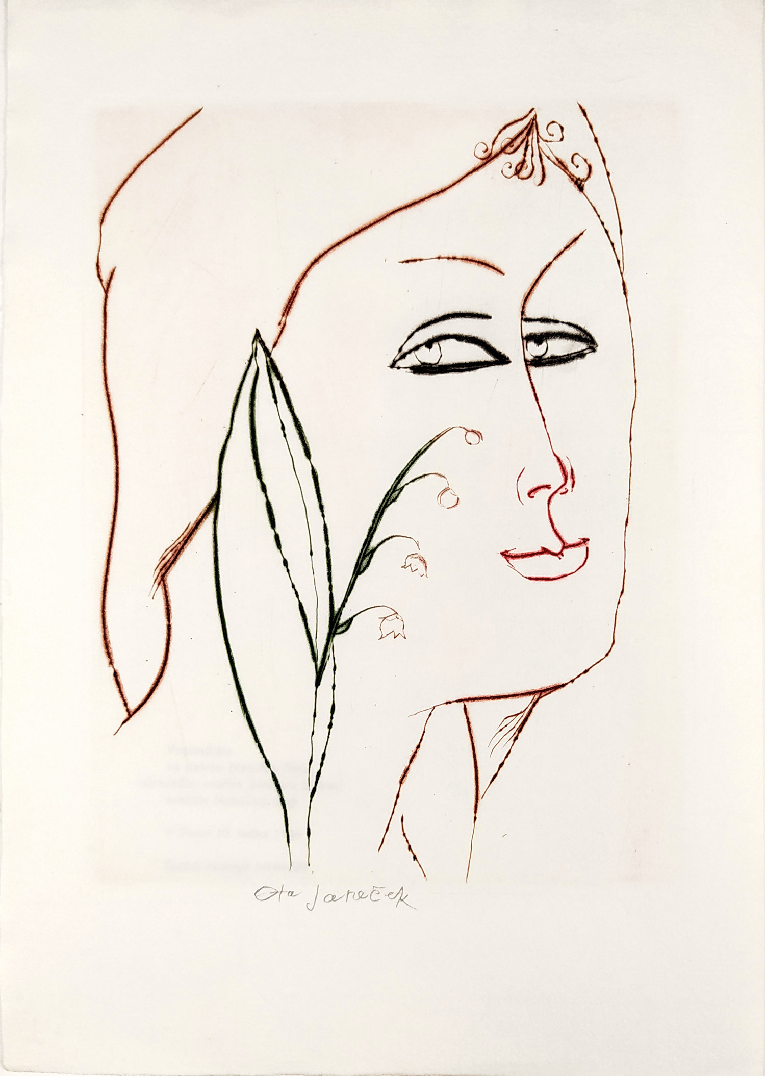 Janeček Ota – Dívčí tvář, Vzpomínka na Jaroslava Seiferta, barevná suchá jehla, 1986