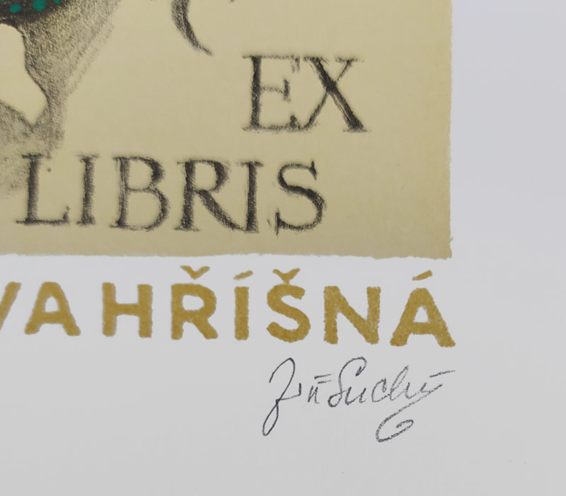 Suchý Jiří – Ex libris PhDr. Eva Hříšná, litografie s barevným podtiskem, č. 95/120, nedatováno