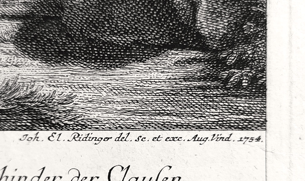 Ridinger Johann Elias – Jelínek napaden rysem, původní mědiryt, 1754