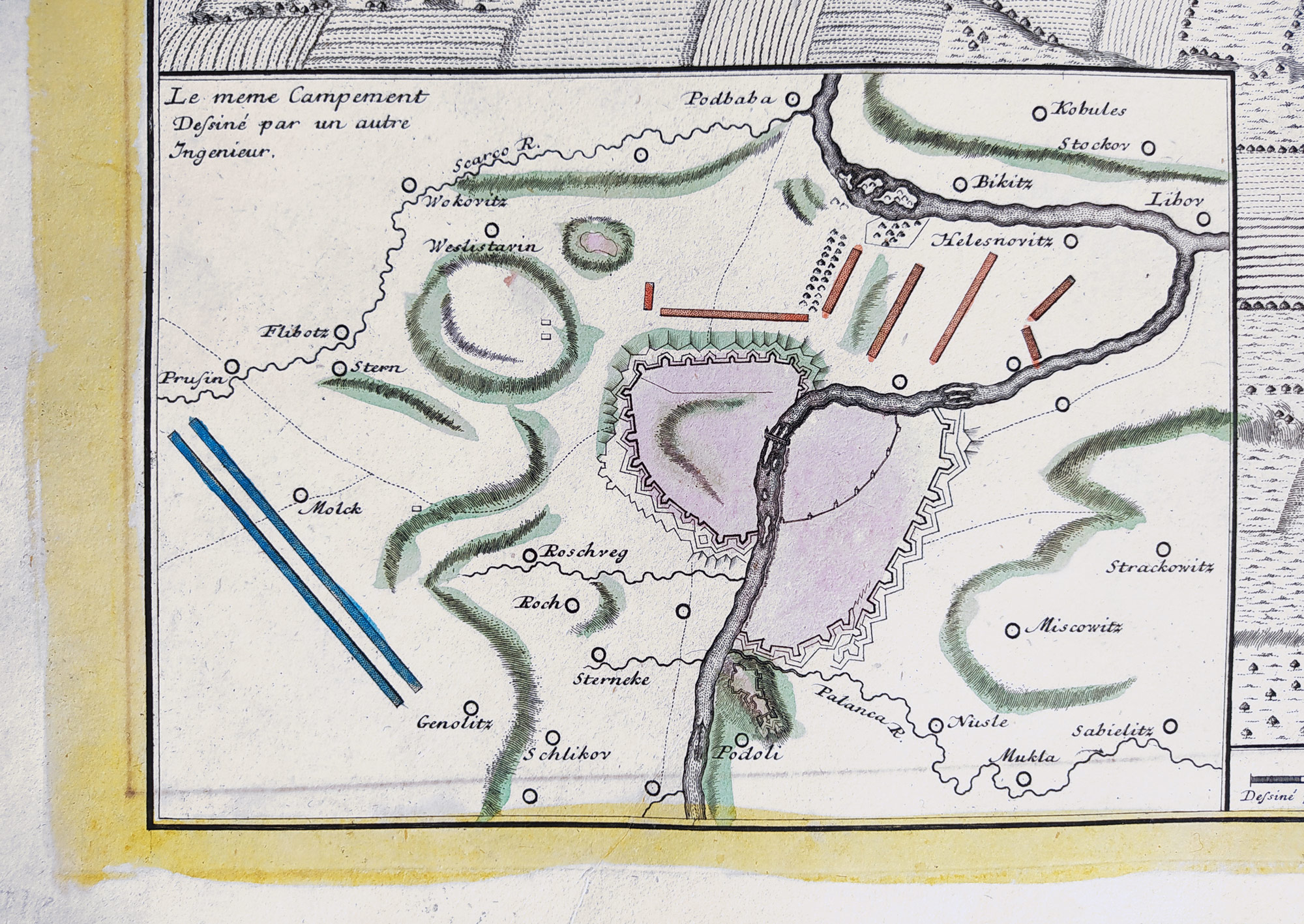Praha – plán opevnění města, Homannovi dědicové, staře kolorovaný původní mědiryt, 1743