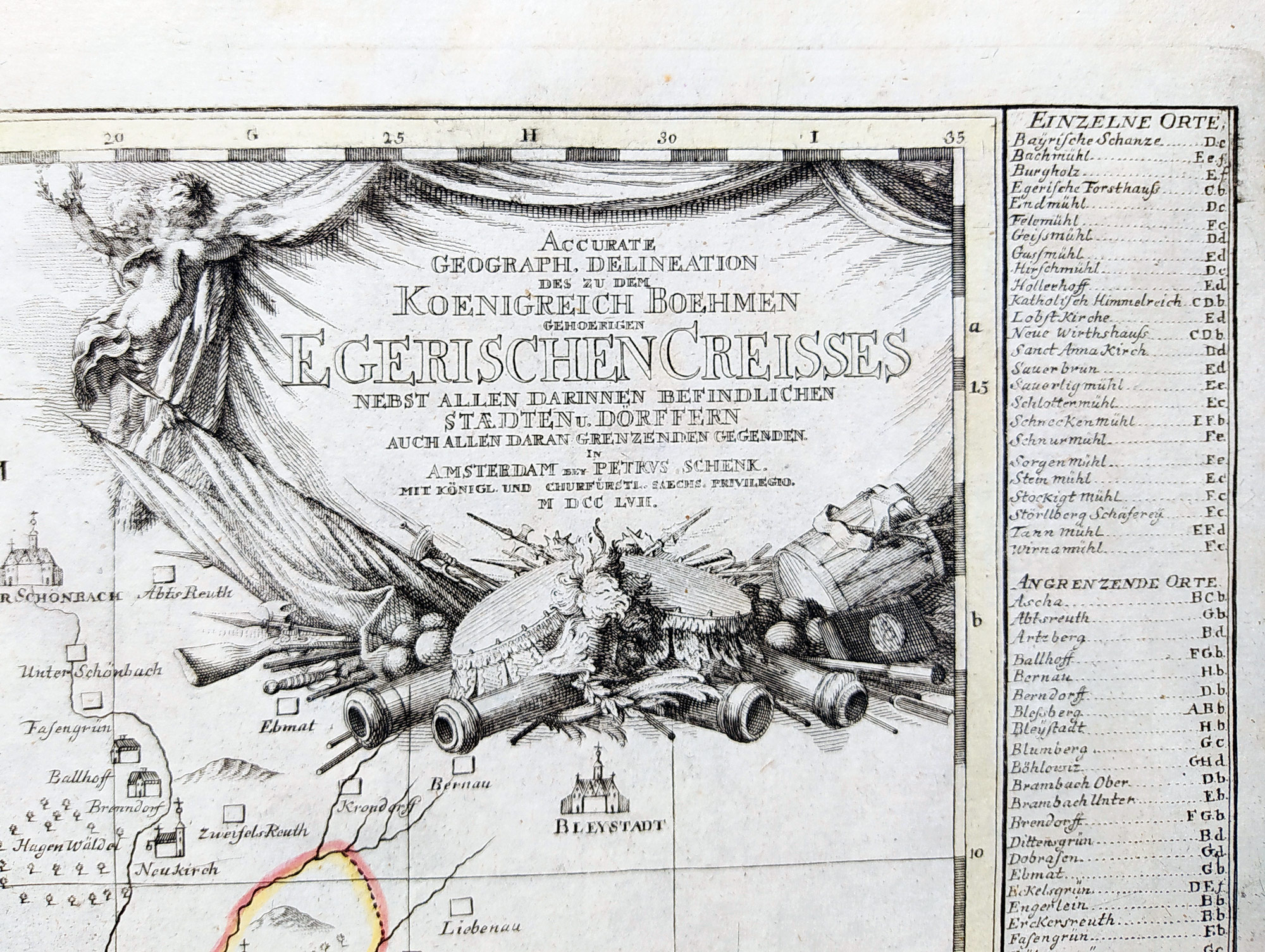 Chebský kraj – Peter Schenk, staře kolorovaný původní mědiryt, 1757
