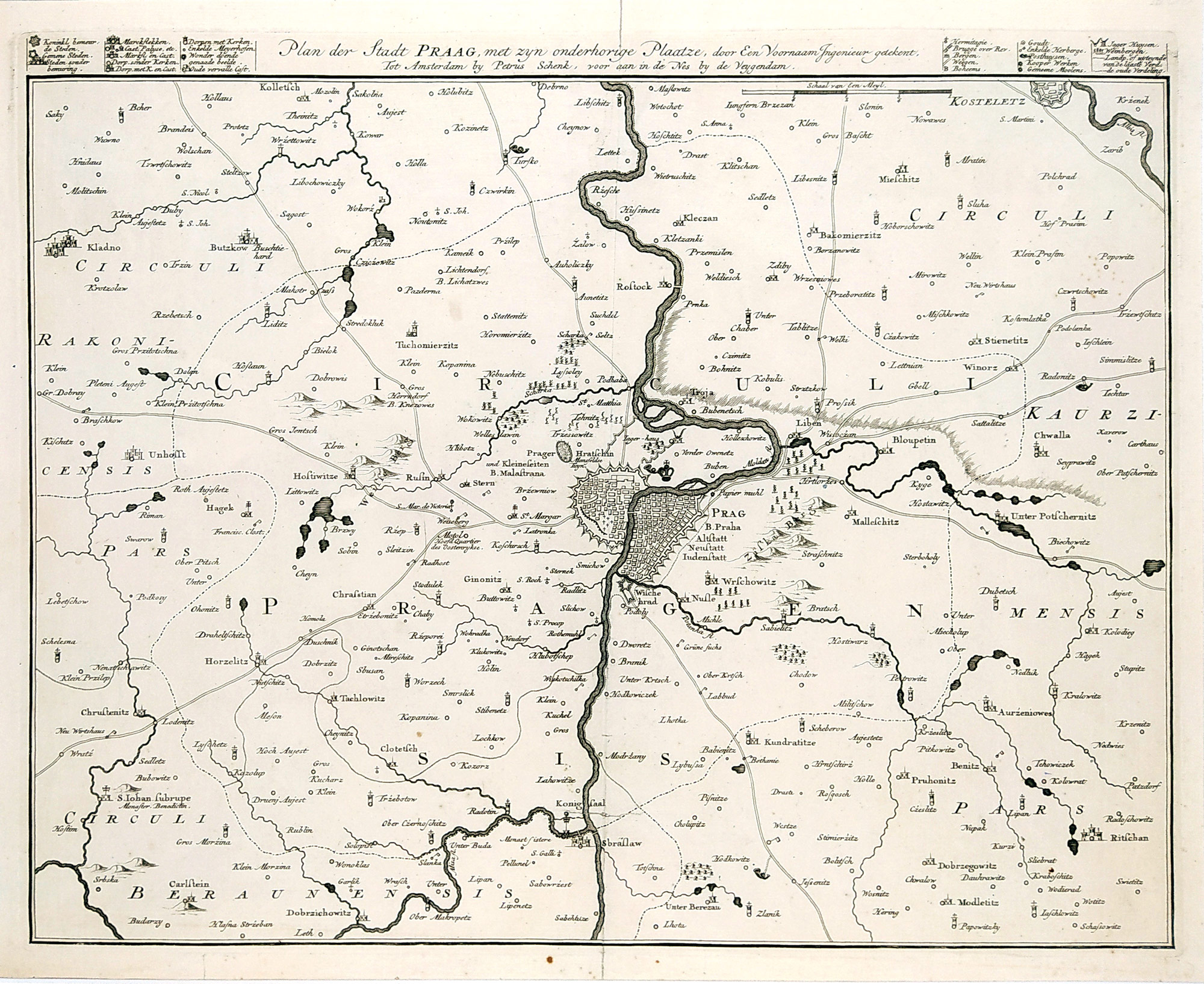 Praha a okolí – Peter Schenk, původní mědiryt, ca 1760