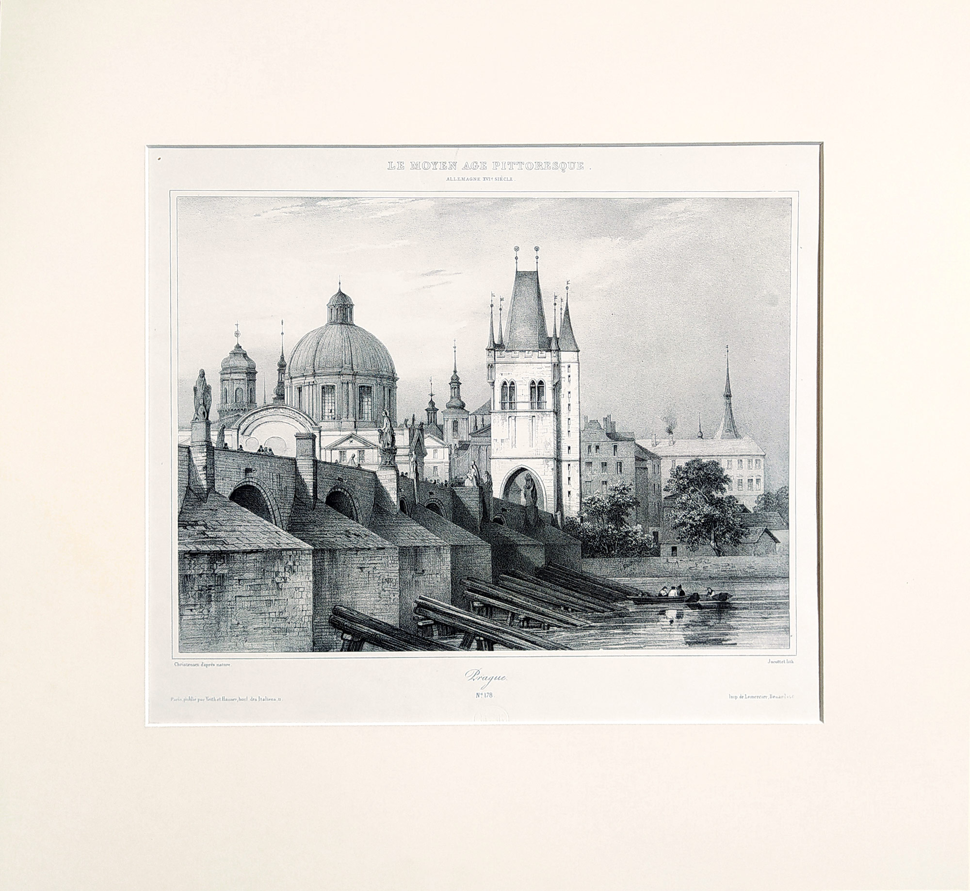 Praha – Karlův most a Staré Město, Jacottet, původní litografie, ca 1840