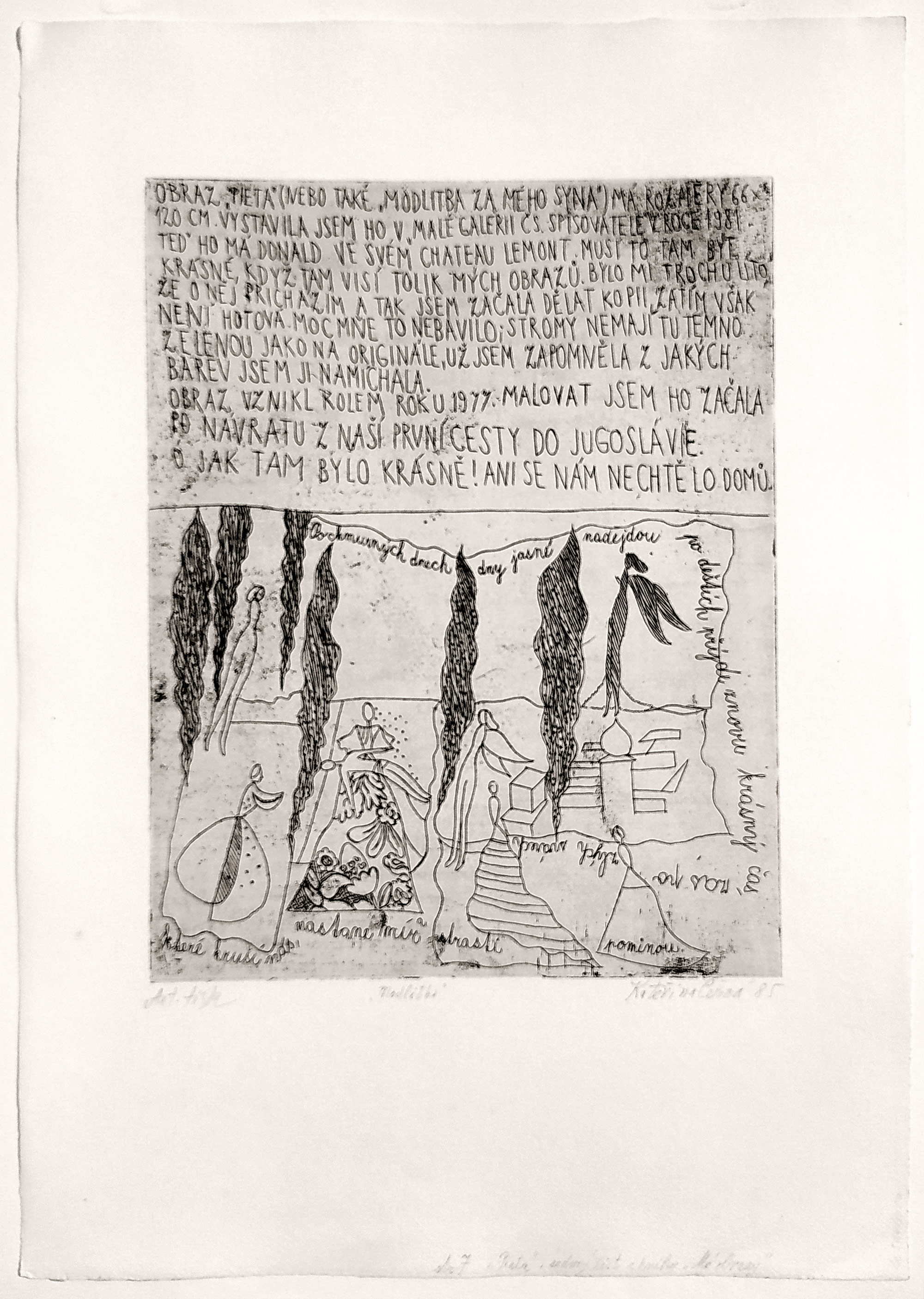 Černá Kateřina – Modlitba, str. 7 „Pieta“, sedmý list z knihy: Mé obrazy, kombinovaná technika, AT, 1985