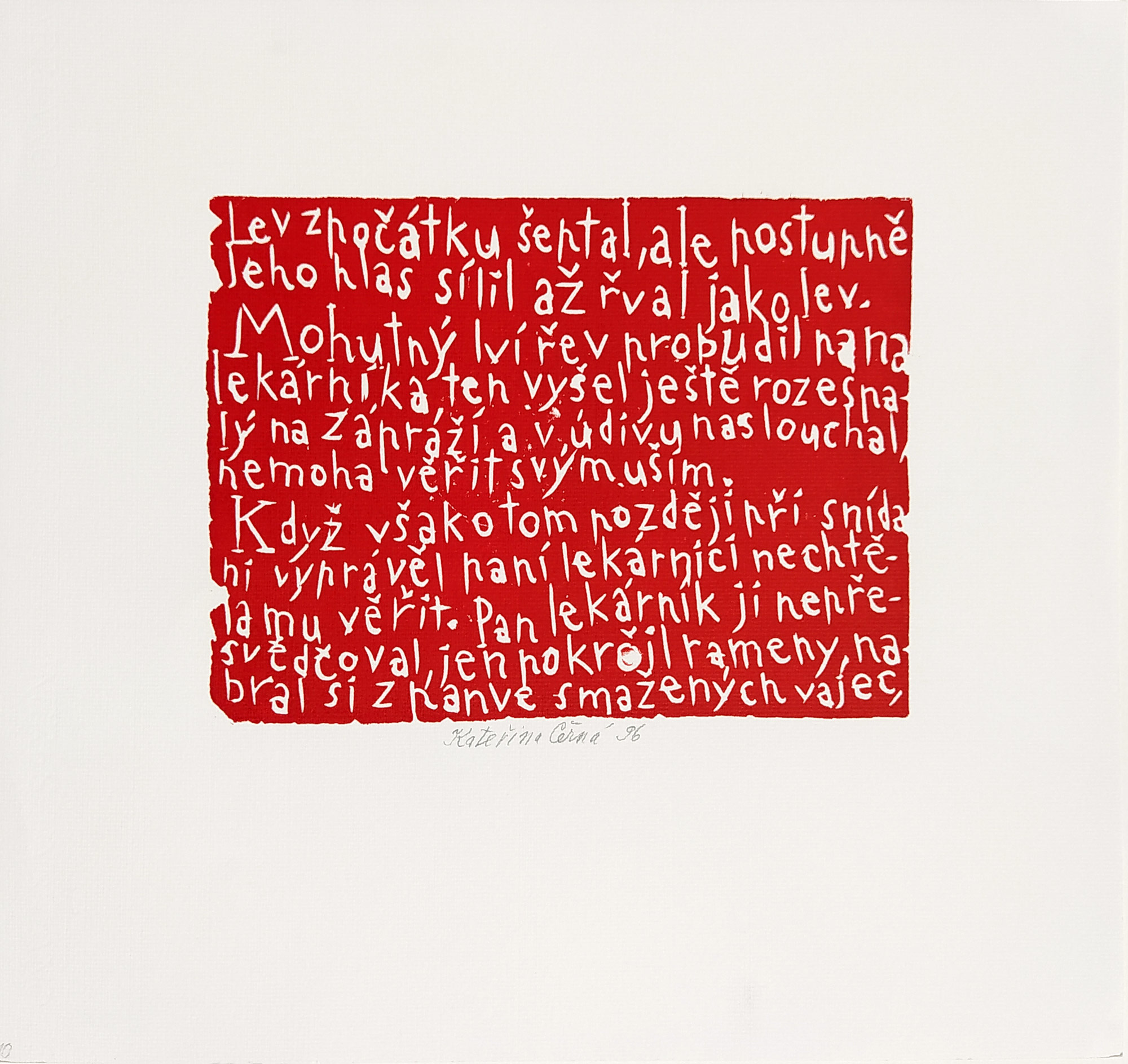 Černá Kateřina – z knihy: Co objevila sestra pana lékárníka, str. 10, barevný linoryt, 1996