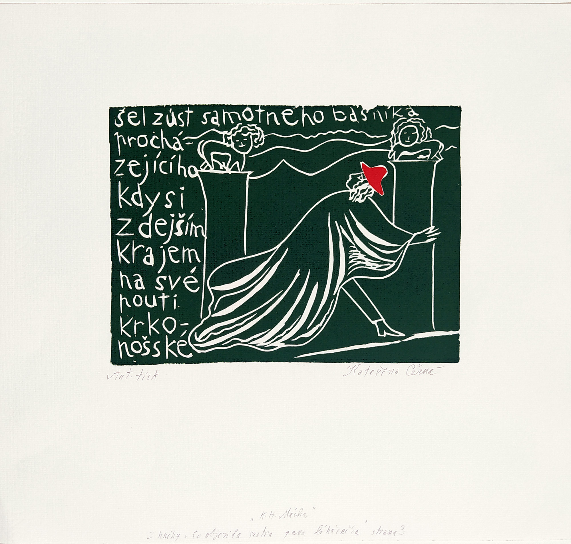 Černá Kateřina – K. H. Mácha, z knihy: Co objevila sestra pana lékárníka str. 3, dvoubarevný linoryt, AT, 1996