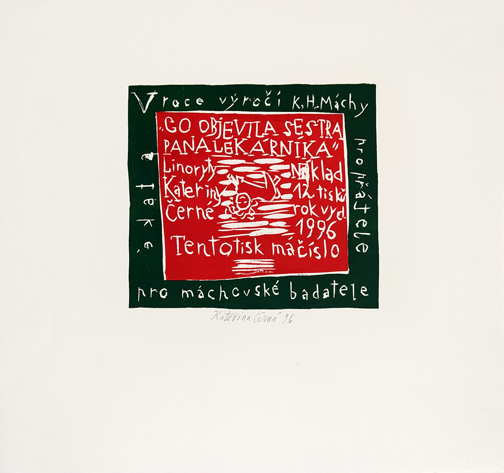 Černá Kateřina – K. H. Mácha, z knihy: Co objevila sestra pana lékárníka, list 17, dvoubarevný linoryt, AT, 1996