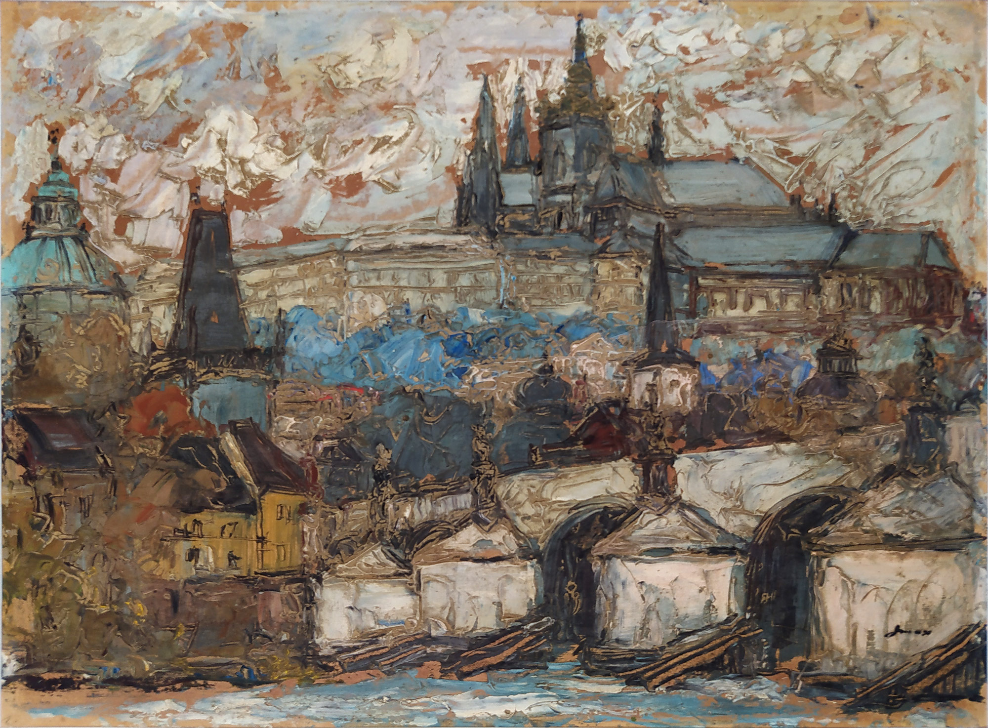 Max František – Praha, pohled na Hradčany, expresivní olejomalba, nedatováno