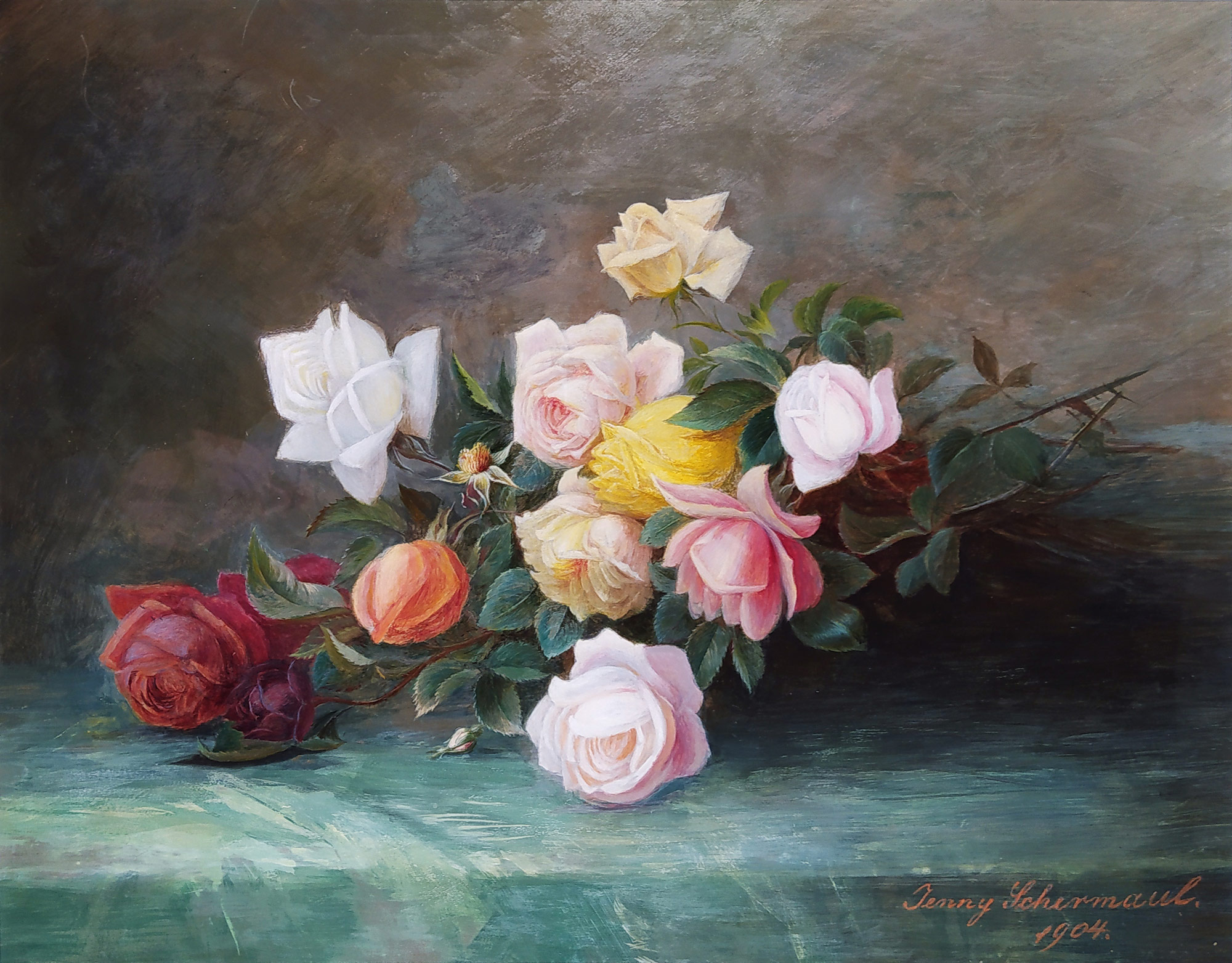 Schermaulová Jenny – Růže, původní olejomalba na kartonu, 1904