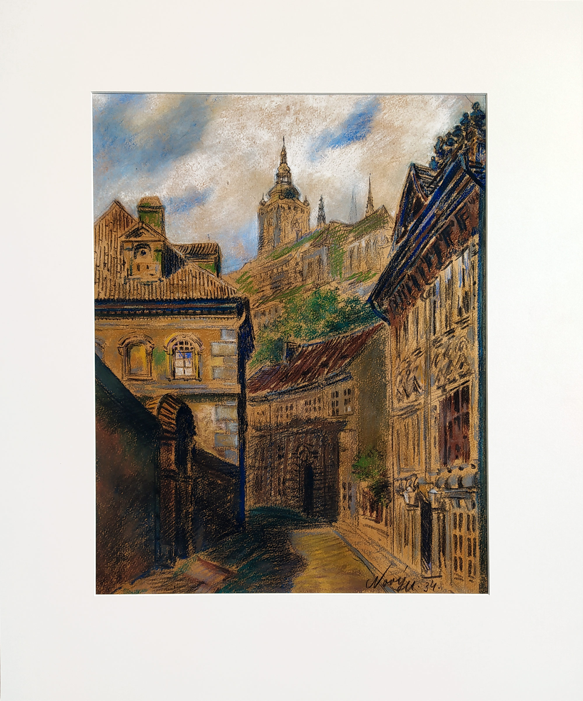 Nový Miroslav – Praha, Pražský hrad z Valdštejnské ulice, suchý pastel na kartonu, 1934