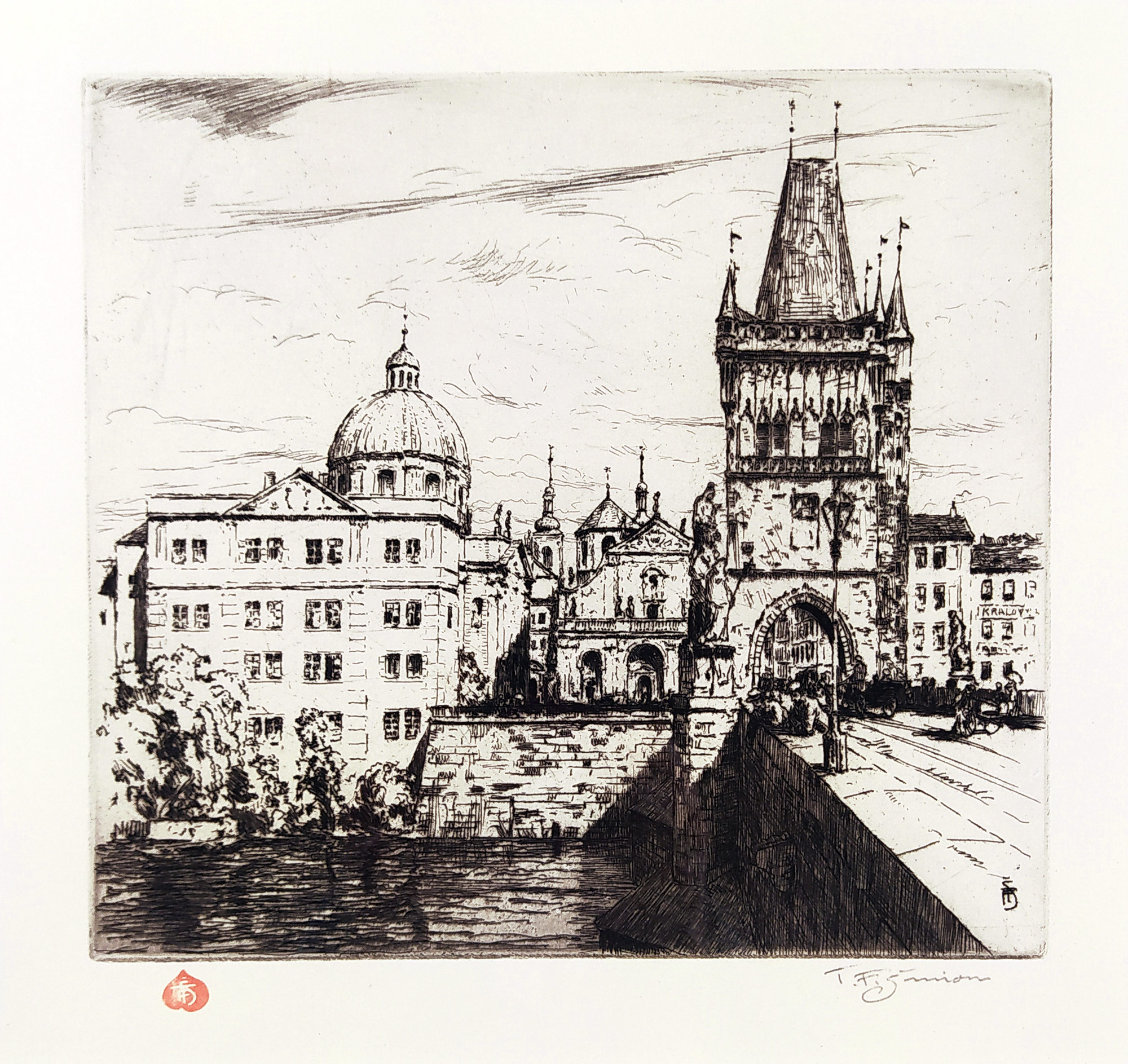 Šimon Tavík František – Staroměstská mostecká věž a Klášter křížovníků s červenou hvězdou, původní lept, 1911