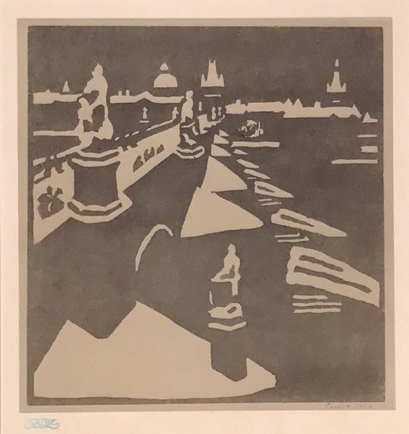 Eizelt – Praha, Karlův most, česká grafika, původní dvoubarevný linoryt, 1926