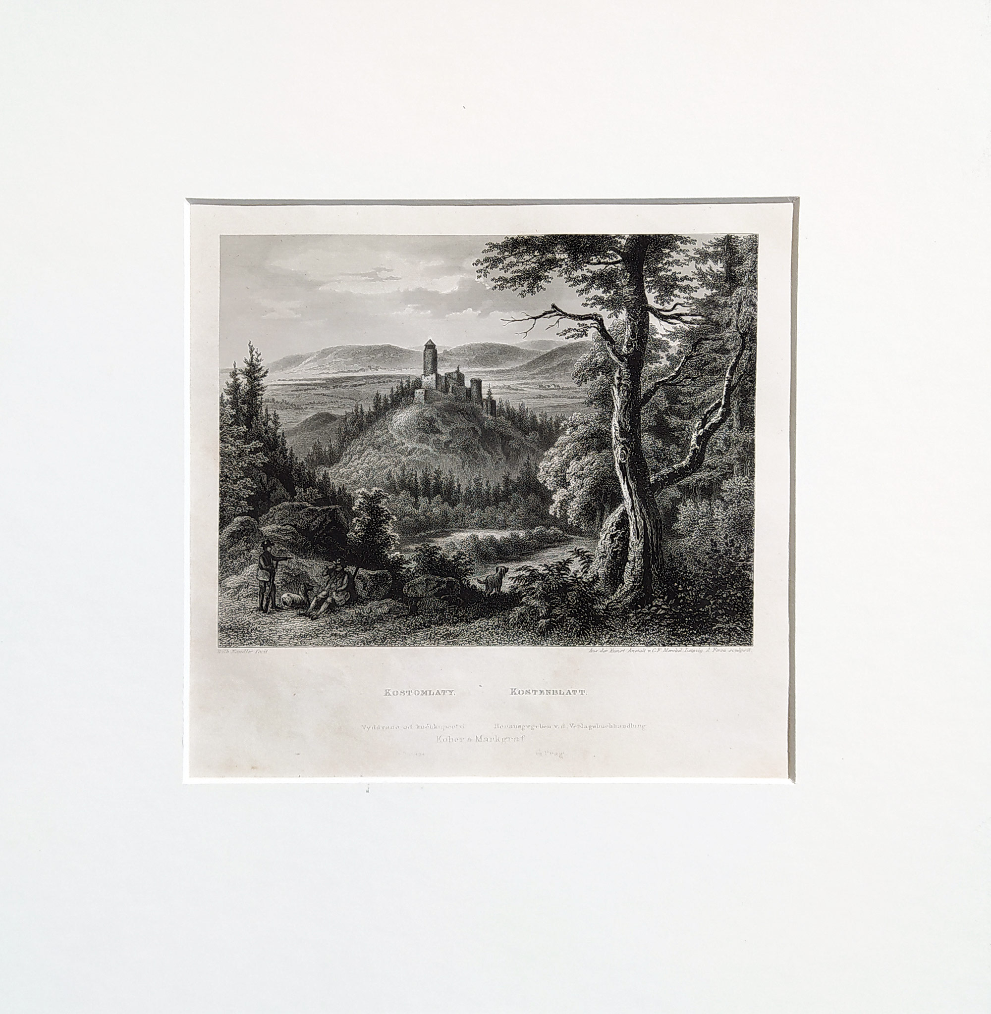 Kostomlatský vrch – Zřícenina Kostomlaty, Adolf Fesca, původní oceloryt, 1860