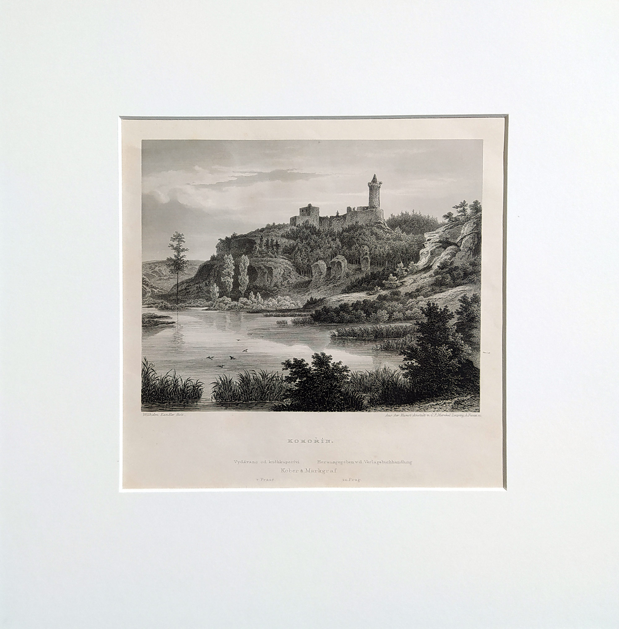 Kokořín – Hrad Kokořín nad říčkou Pšovkou, Adolf Fesca, původní oceloryt, 1860