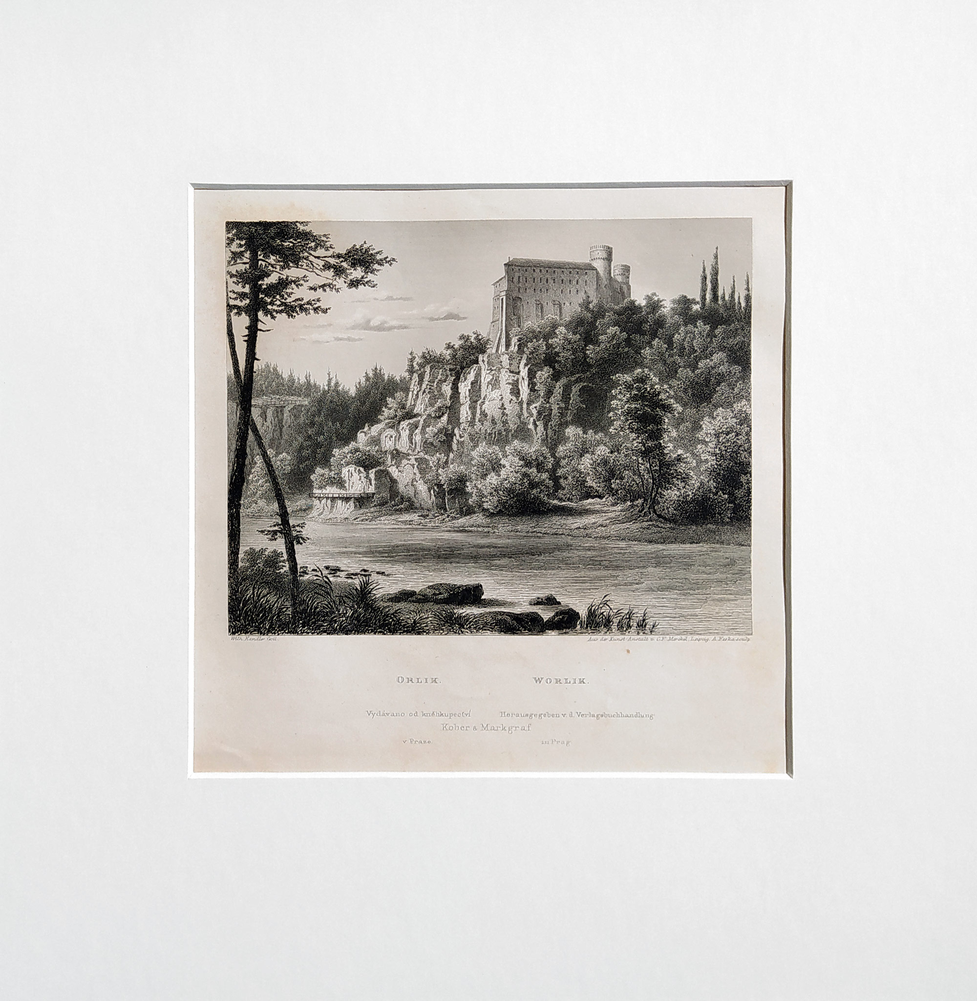 Orlík – Zámek Orlík nad Vltavou, Adolf Fesca, původní oceloryt, 1860