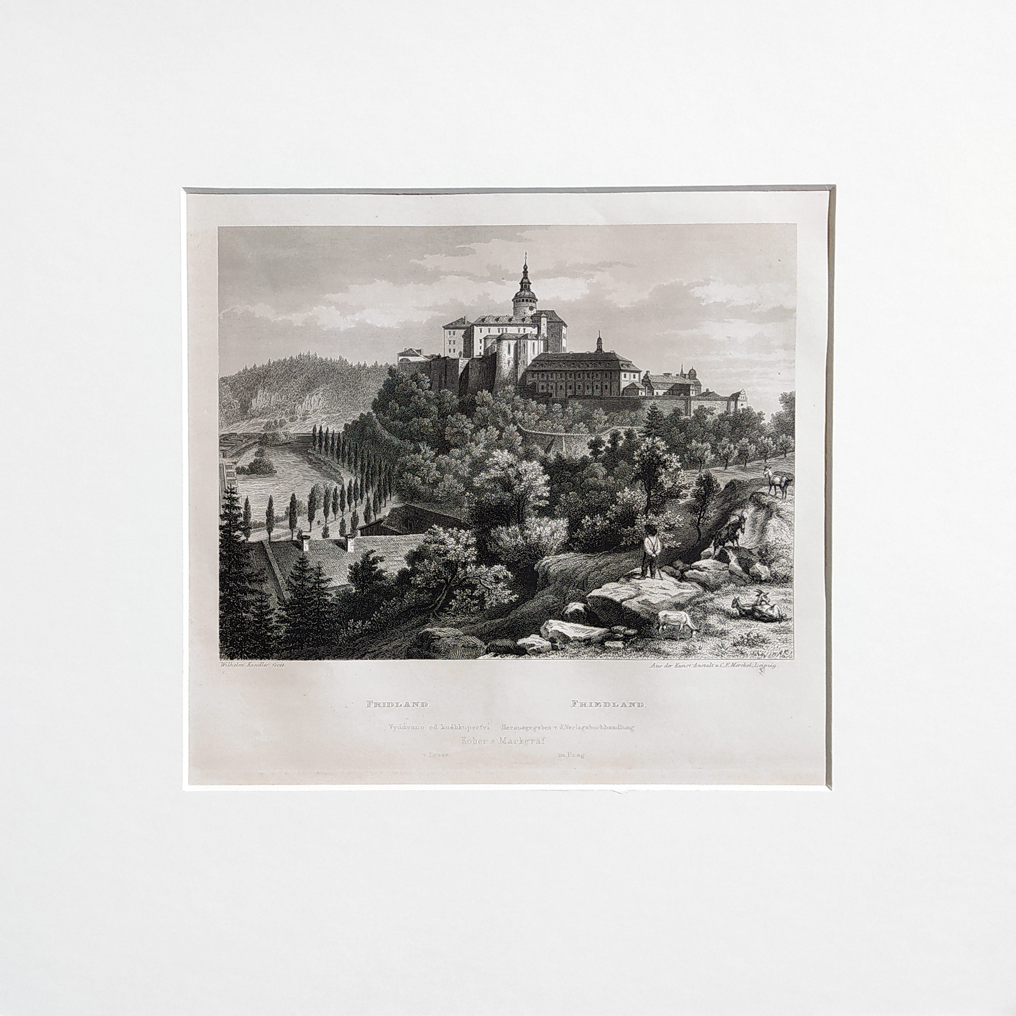 Frýdlant – Zámek a hrad Frýdlant, Adolf Fesca, původní oceloryt, 1860