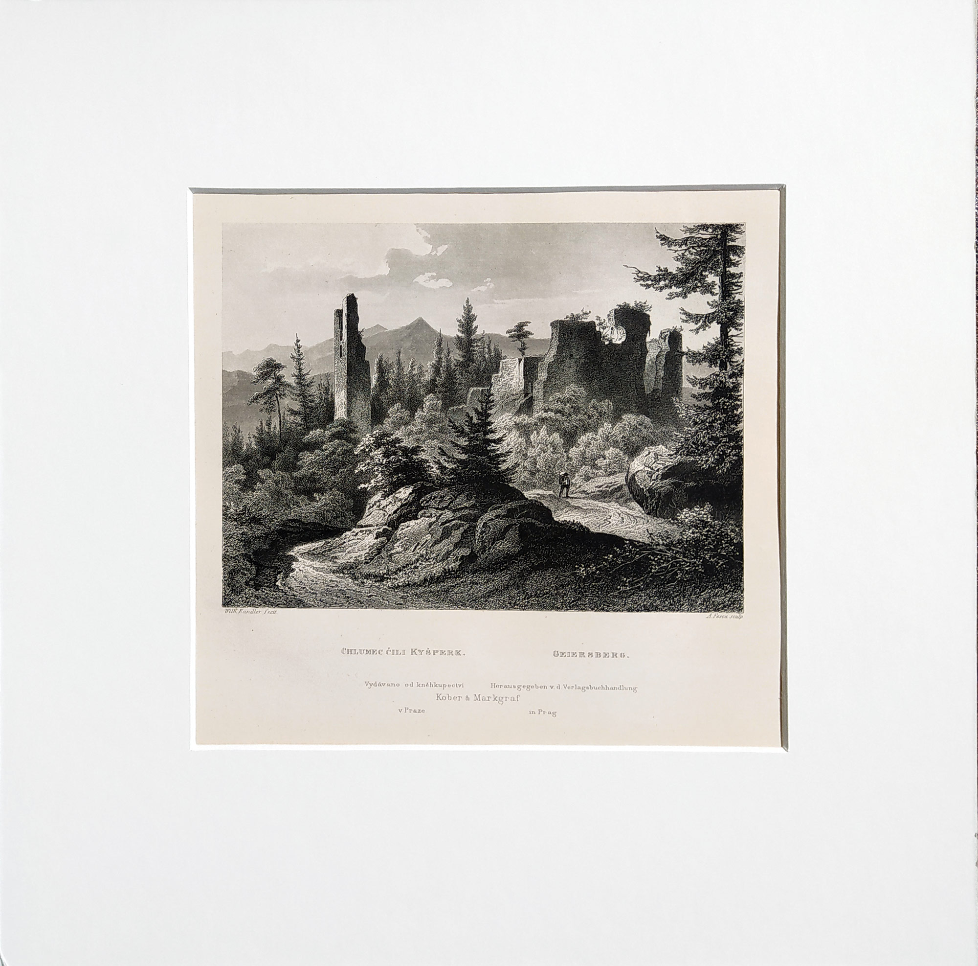 Kyšperk, Supí hora – Zřícenina hradu nad Unčínem, Adolf Fesca, původní oceloryt, 1860