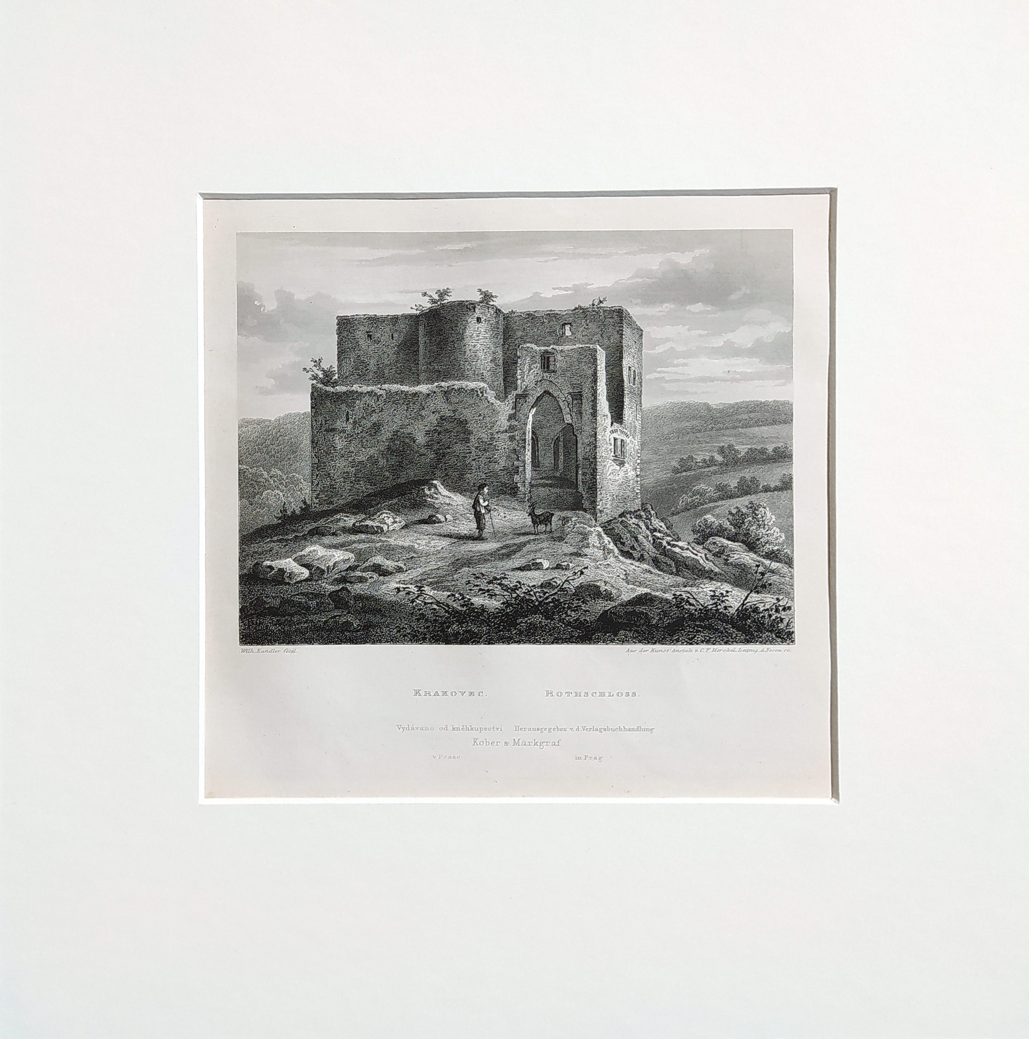 Krakovec – Zřícenina hradu Krakovec, Adolf Fesca, původní oceloryt, 1860