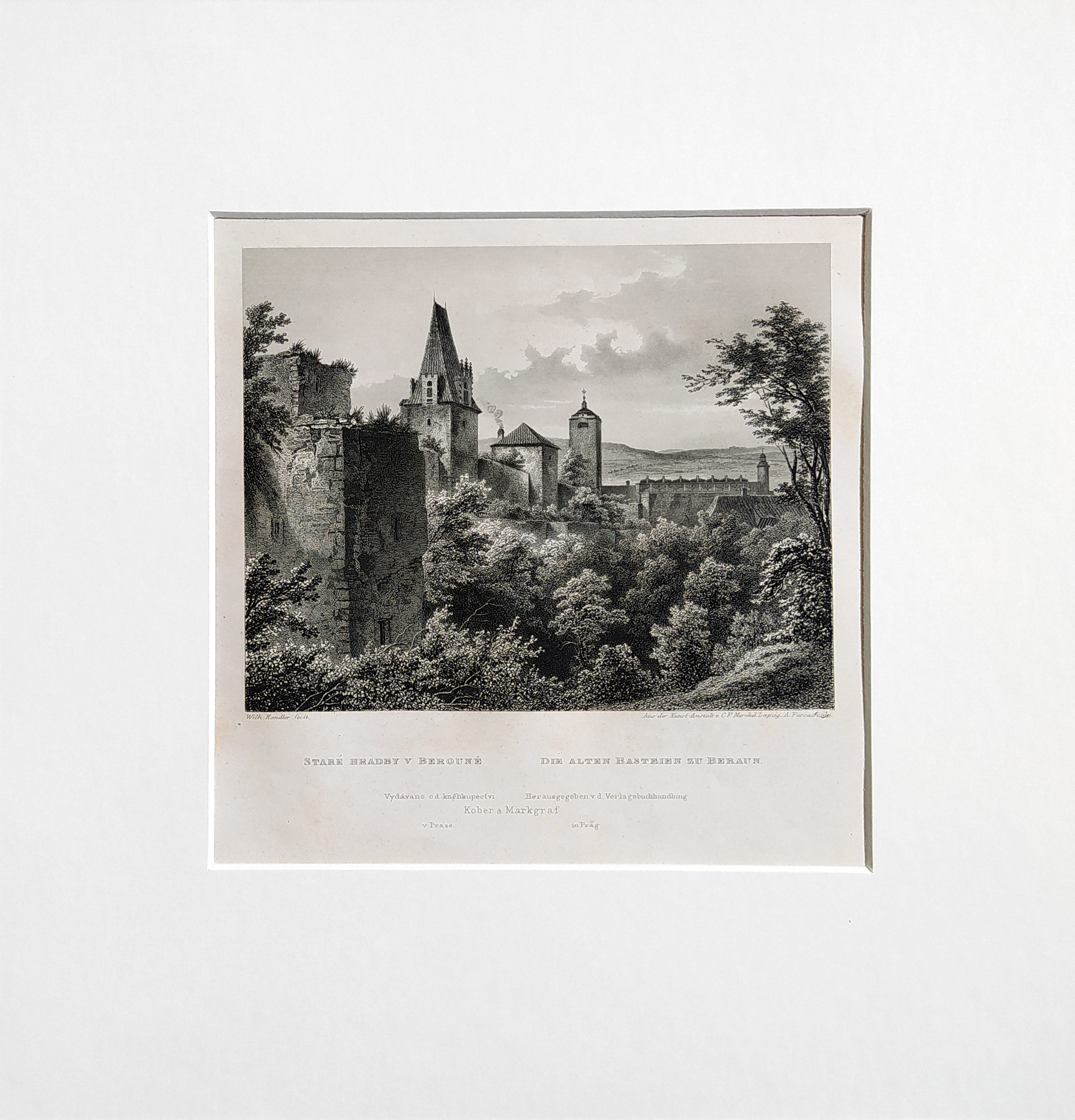 Beroun – Staré hradby v Berouně, Adolf Fesca, původní oceloryt, 1860