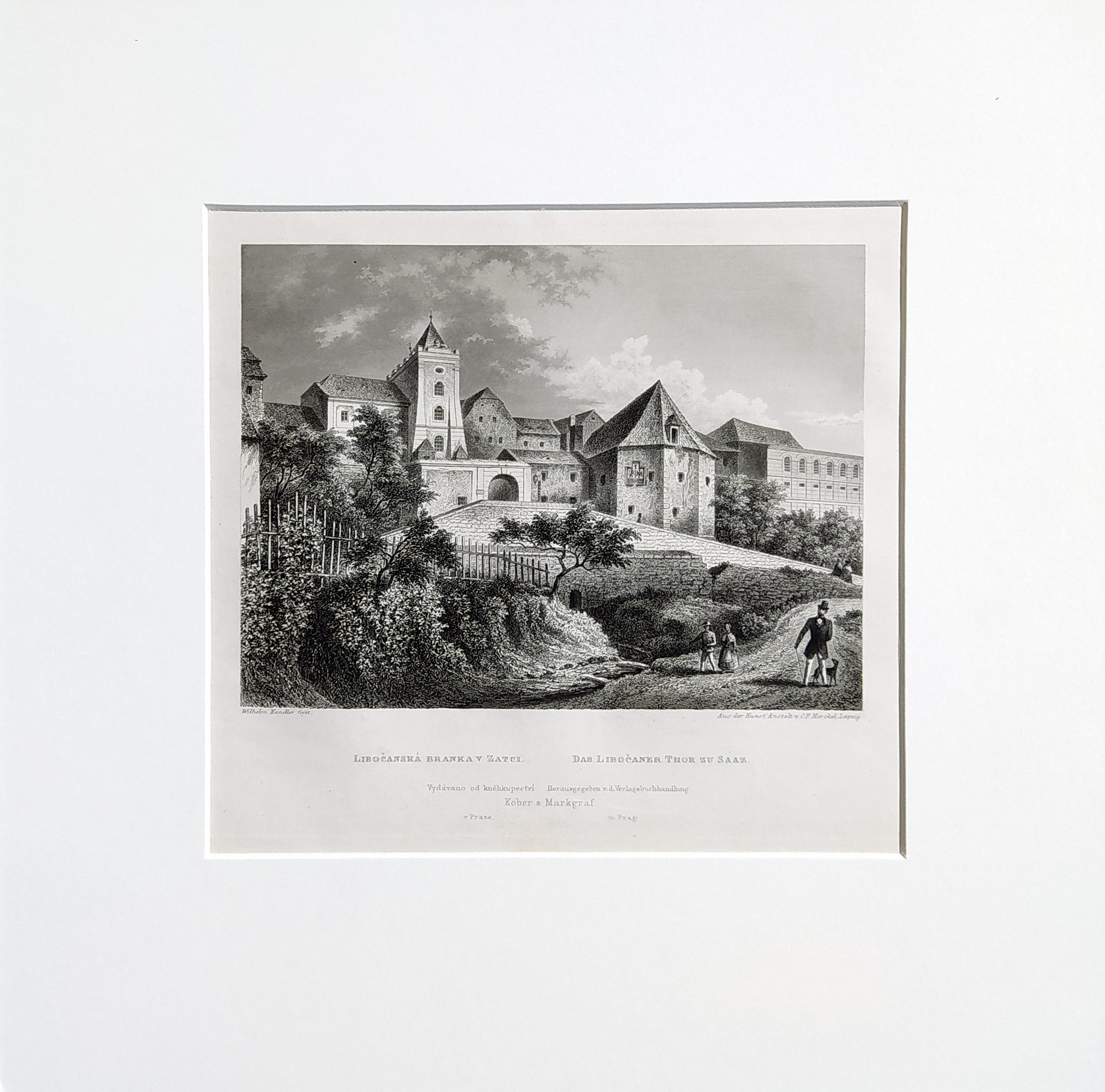 Žatec – Libočanská branka v Žatci, Adolf Fesca, původní oceloryt, 1860