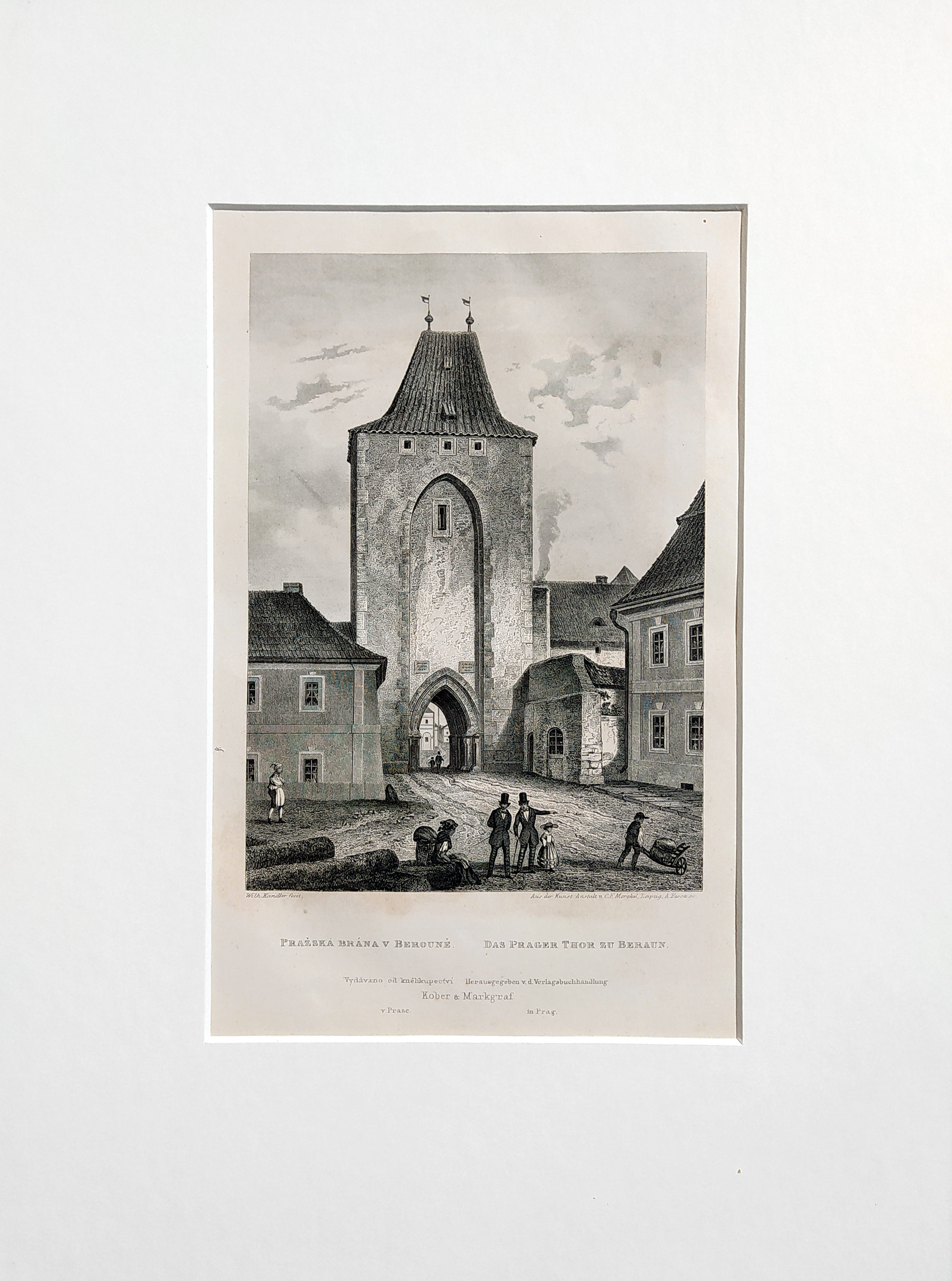 Beroun – Pražská brána v Berouně, Adolf Fesca, původní oceloryt, 1860