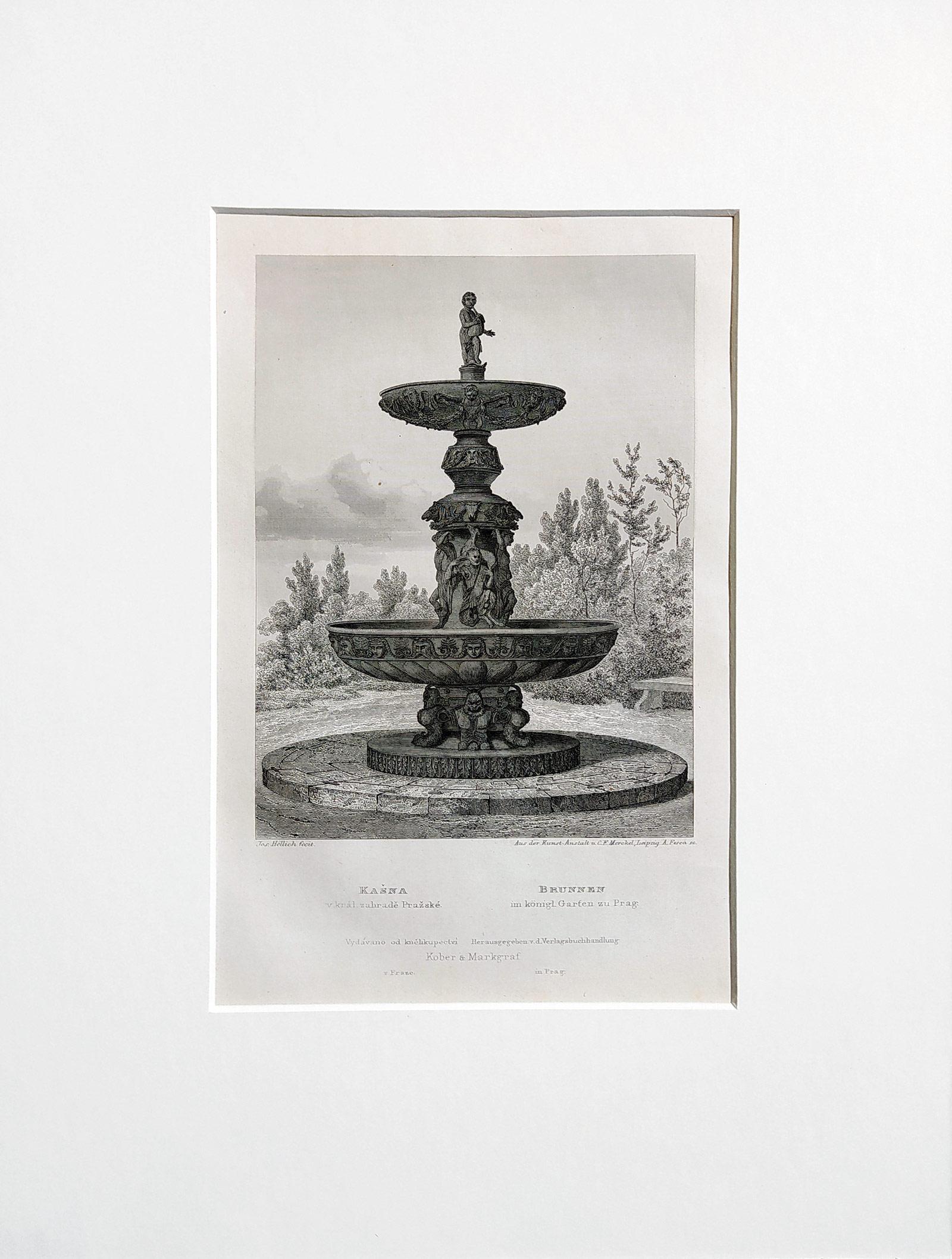 Praha – Zpívající fontána u Královského letohrádku, Adolf Fesca, původní oceloryt, 1860
