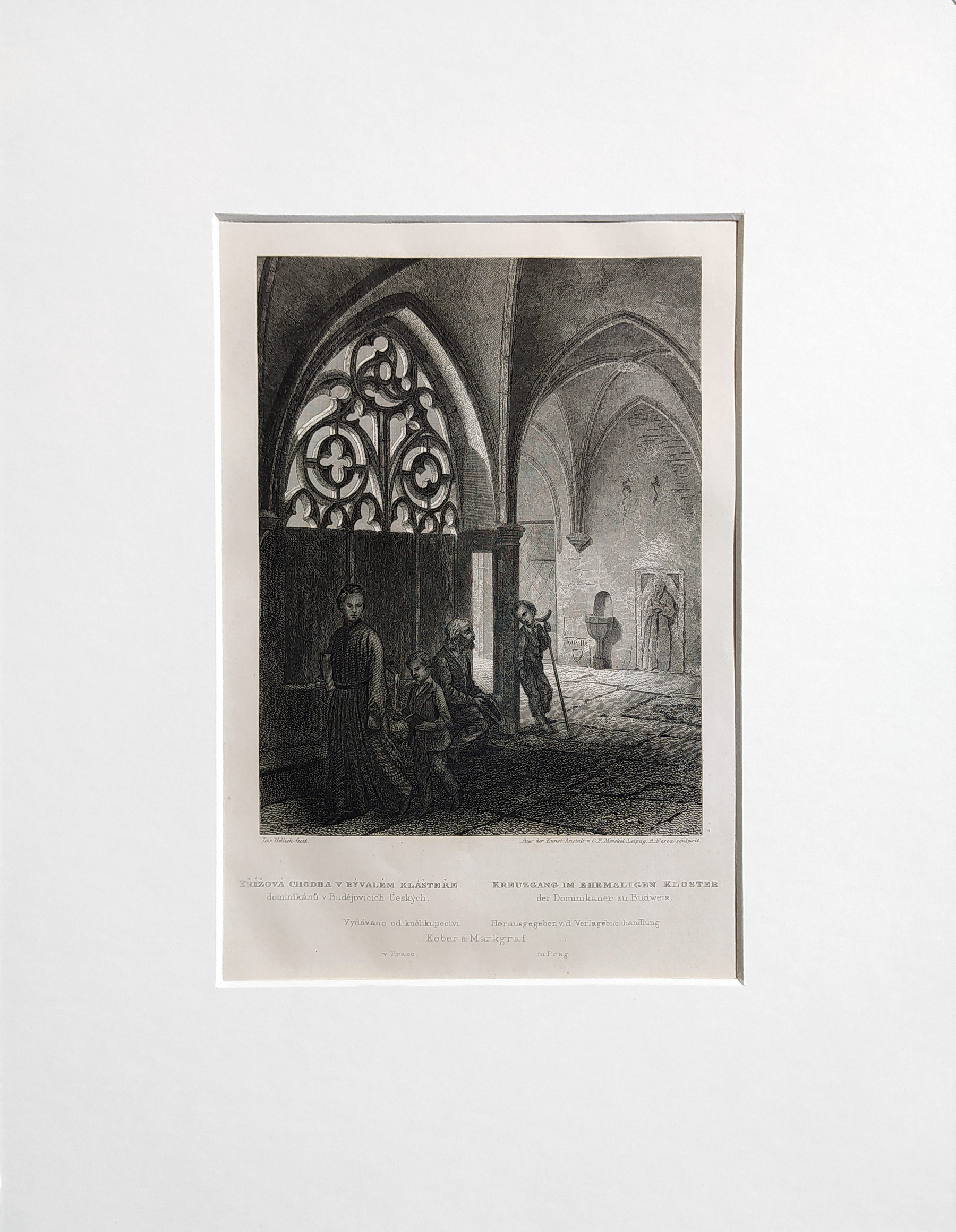 České Budějovice – Křížová chodba Dominikánském klášteře, A. Fesca, J. V. Hellich, původní oceloryt, 1860
