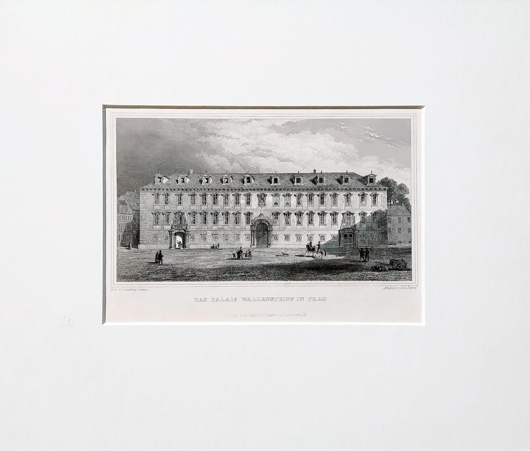 Praha – Valdštejnský palác, L. Lange, Johann G. F. Poppel, původní oceloryt, ca 1840