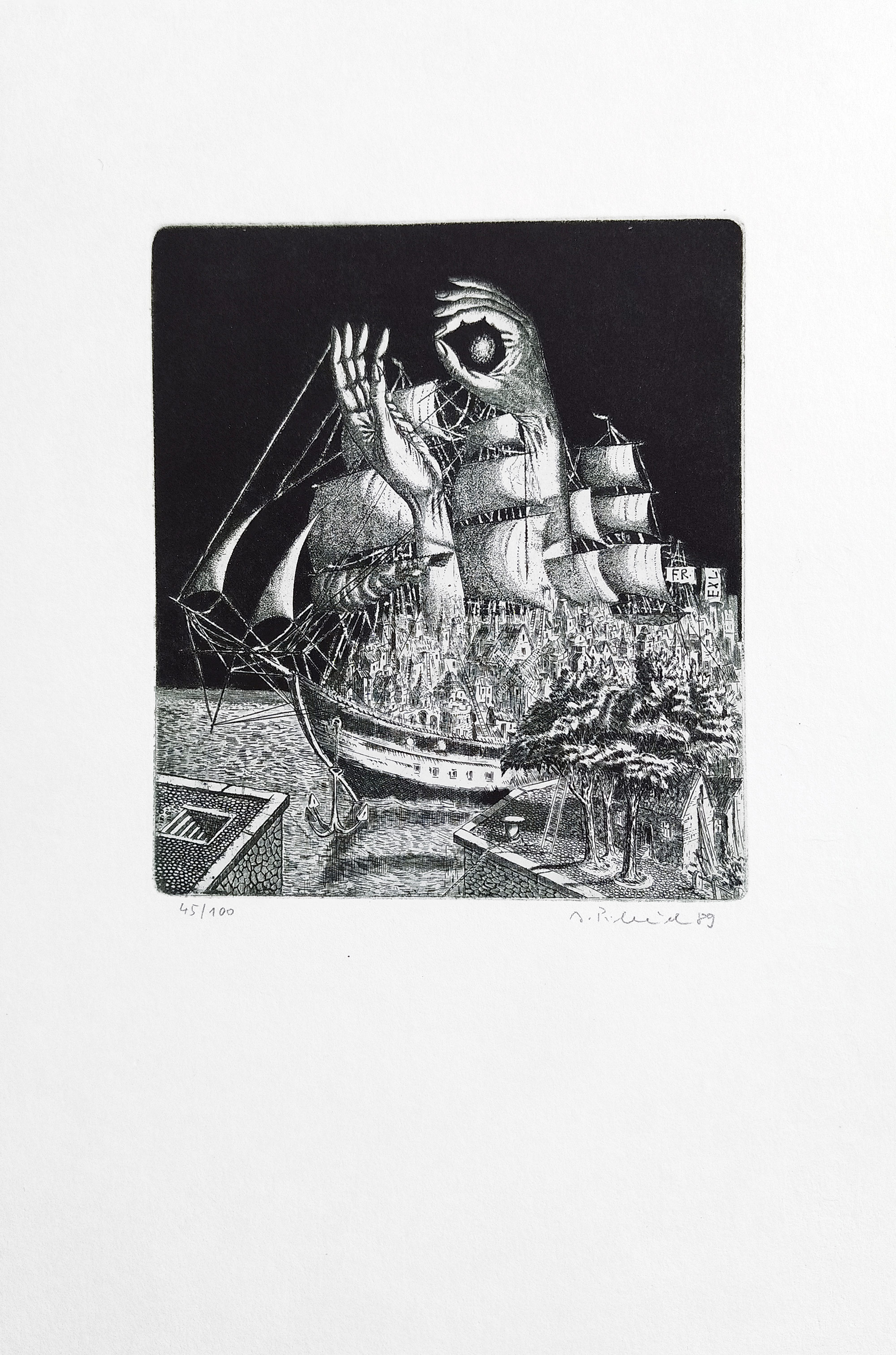 Pileček Jindřich – Ex libris F. R., původní lept, č. 45/100, 1989