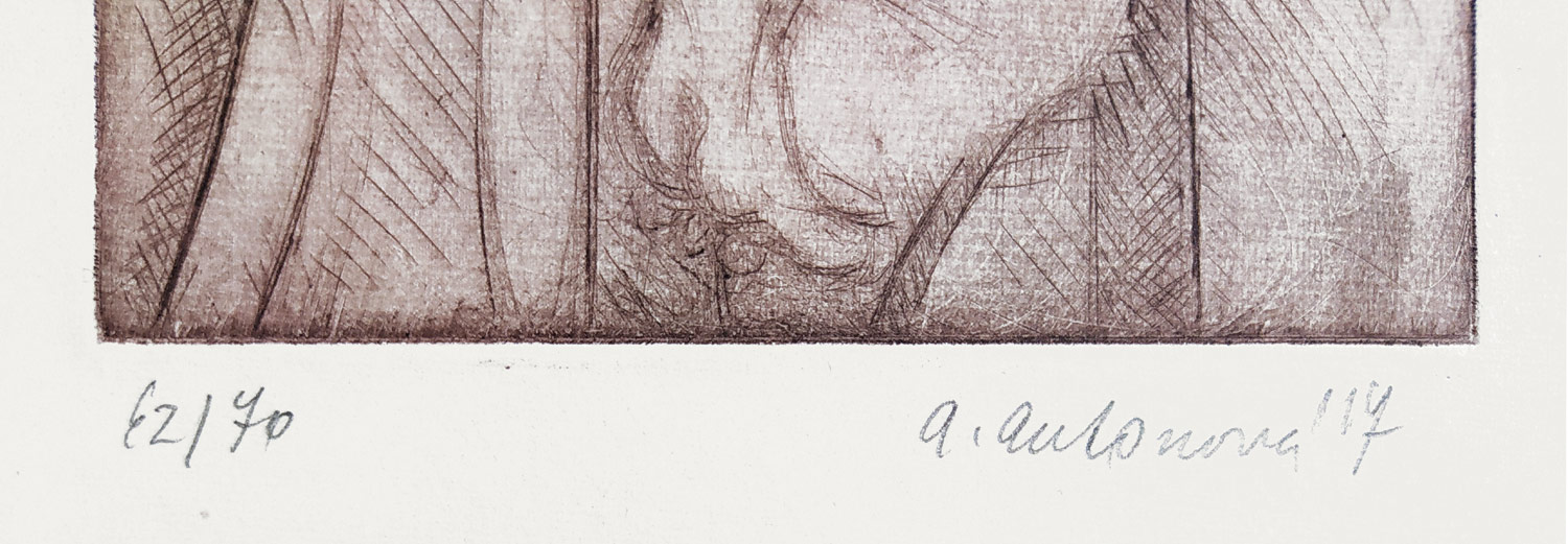 Antonová Alena – Ex libris B. Krčmář, kolorovaná suchá jehla s barevným podtiskem, číslováno 62/70, 2017