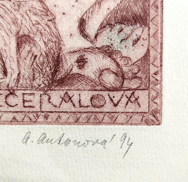 Antonová Alena – Ex libris Dana Nevečeřalová, kolorovaná suchá jehla s barevným podtiskem, č. 61/70, 1994