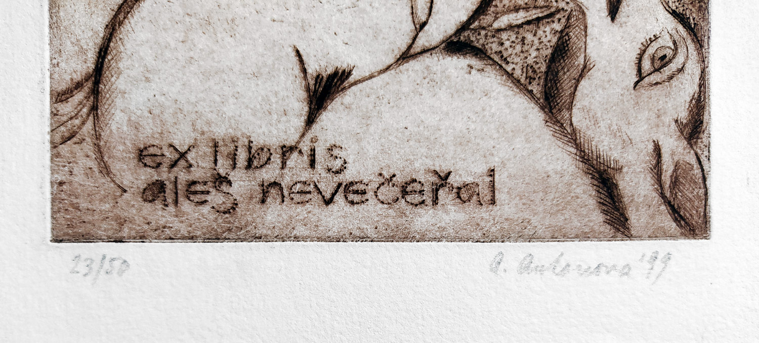Antonová Alena – Ex libris Aleš Nevečeřal, kolorovaná suchá jehla s barevným podtiskem, č.23/50, 1999