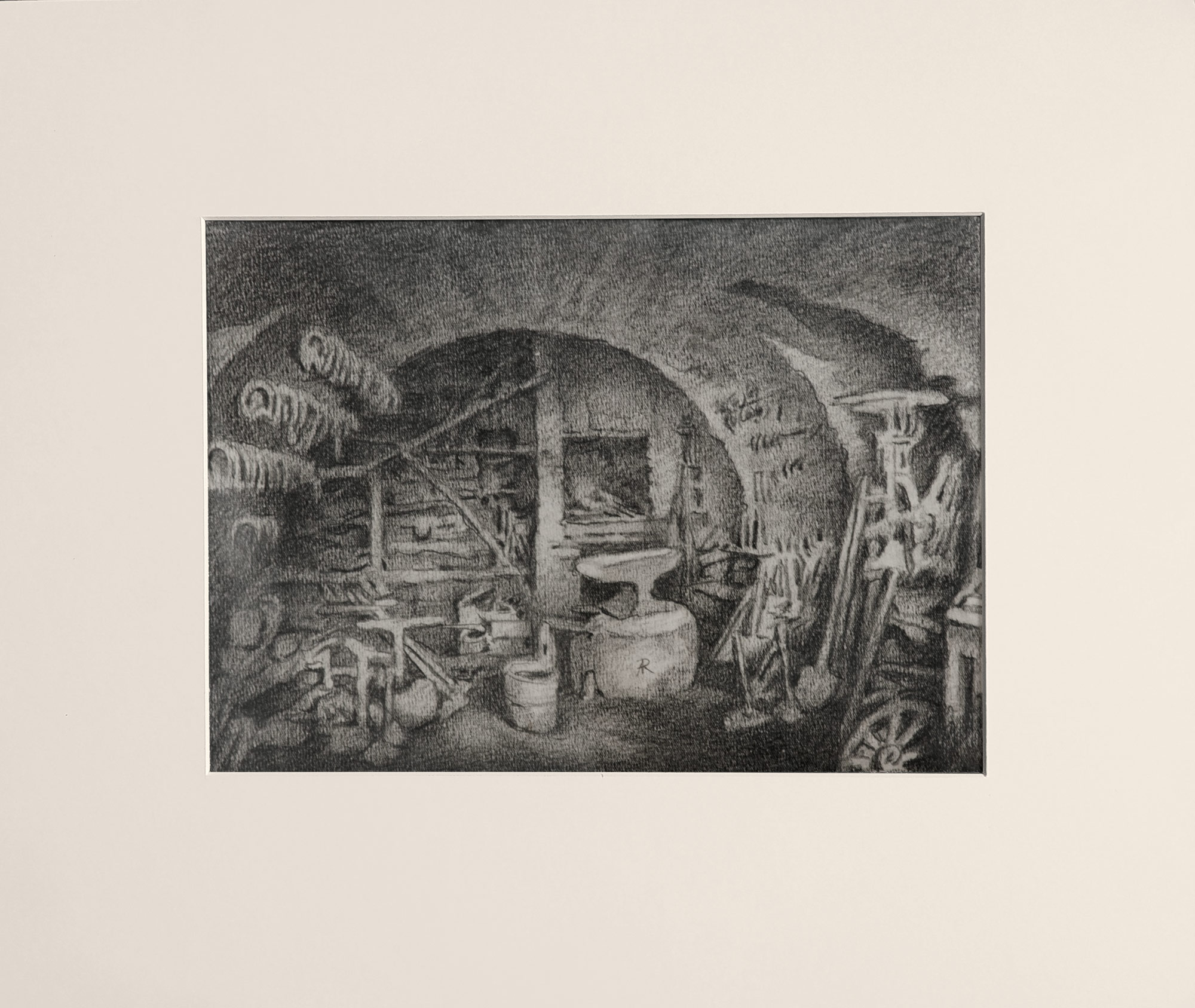 Růžička Antonín – Kovárna, původní kresba tužkou na kartonu, nedatováno